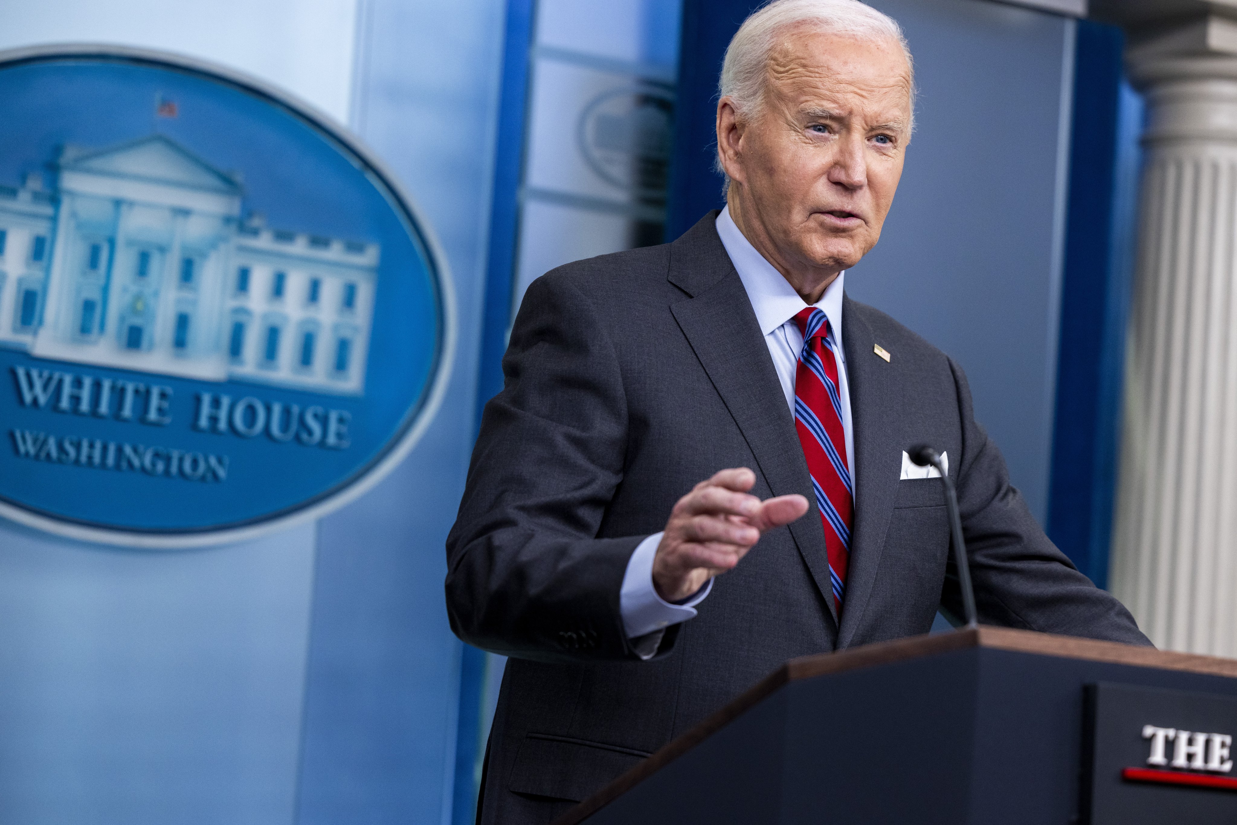 US President Joe Biden makes a surprise appearance during the daily press briefing at the White House on Friday. Photo: EPA-EFE