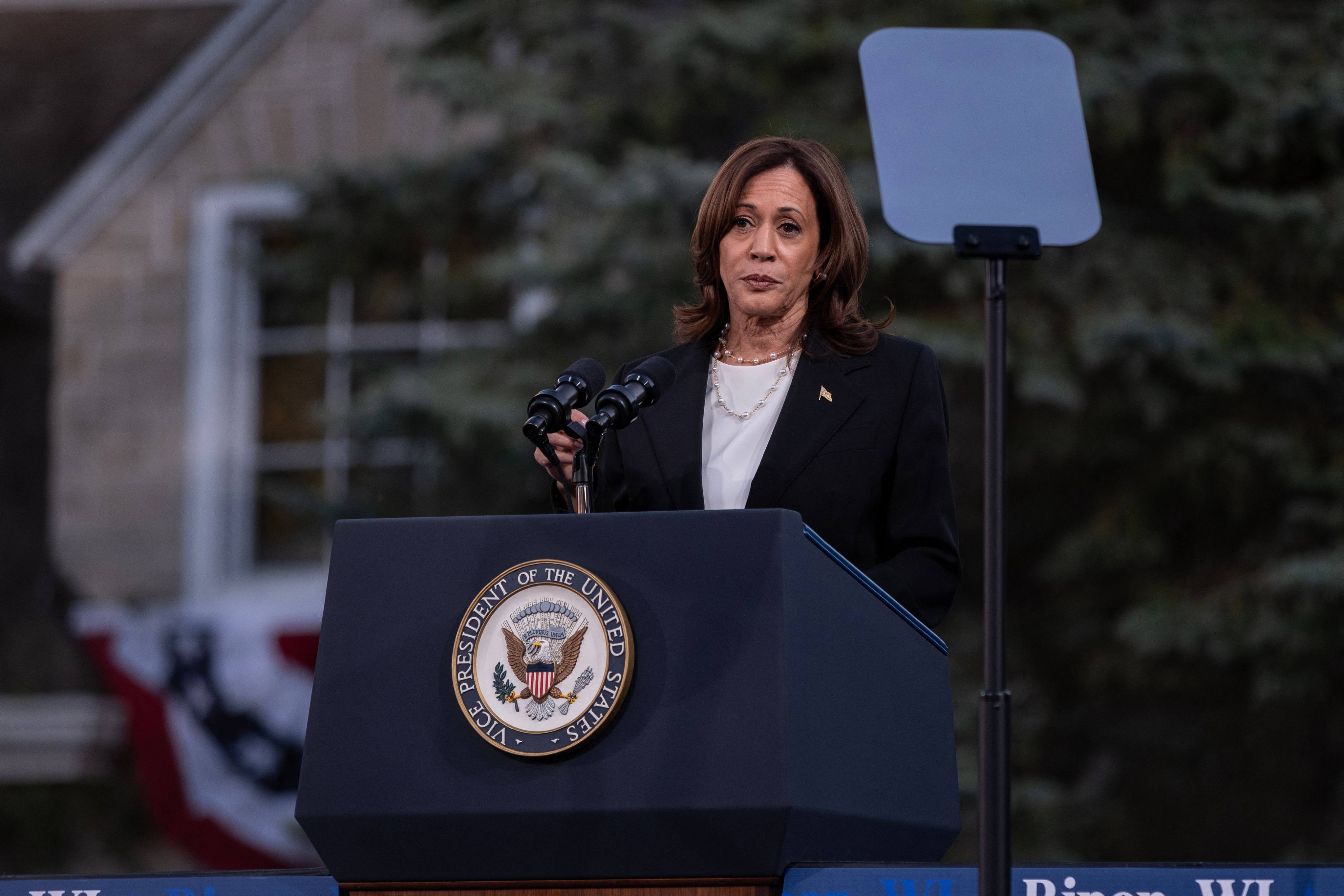 Vice-President and Democratic Presidential nominee Kamala Harris speaks during a rally at Ripon College on Thursday in Ripon, Wisconsin. The rally comes a day after Harris visited Georgia to assess the aftermath of Hurricane Helene. Photo: AFP