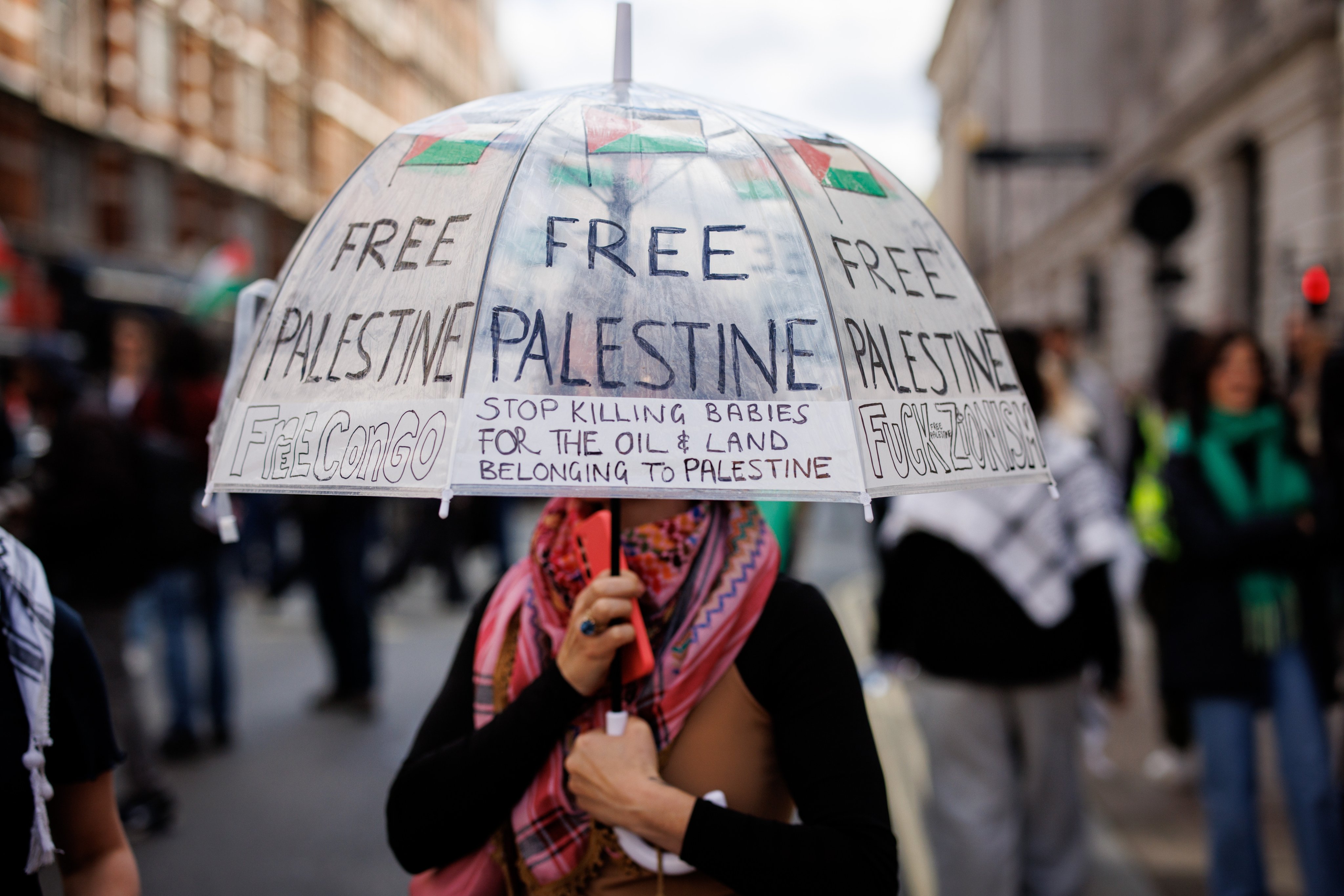 Pro-Palestinian demonstrators march to Downing Street to mark one year of the Israeli operations in Gaza and to call for a permanent ceasefire as part of an event organised by the Palestine Solidarity Campaign in London, Britain on Saturday. Photo: EPA-EFE