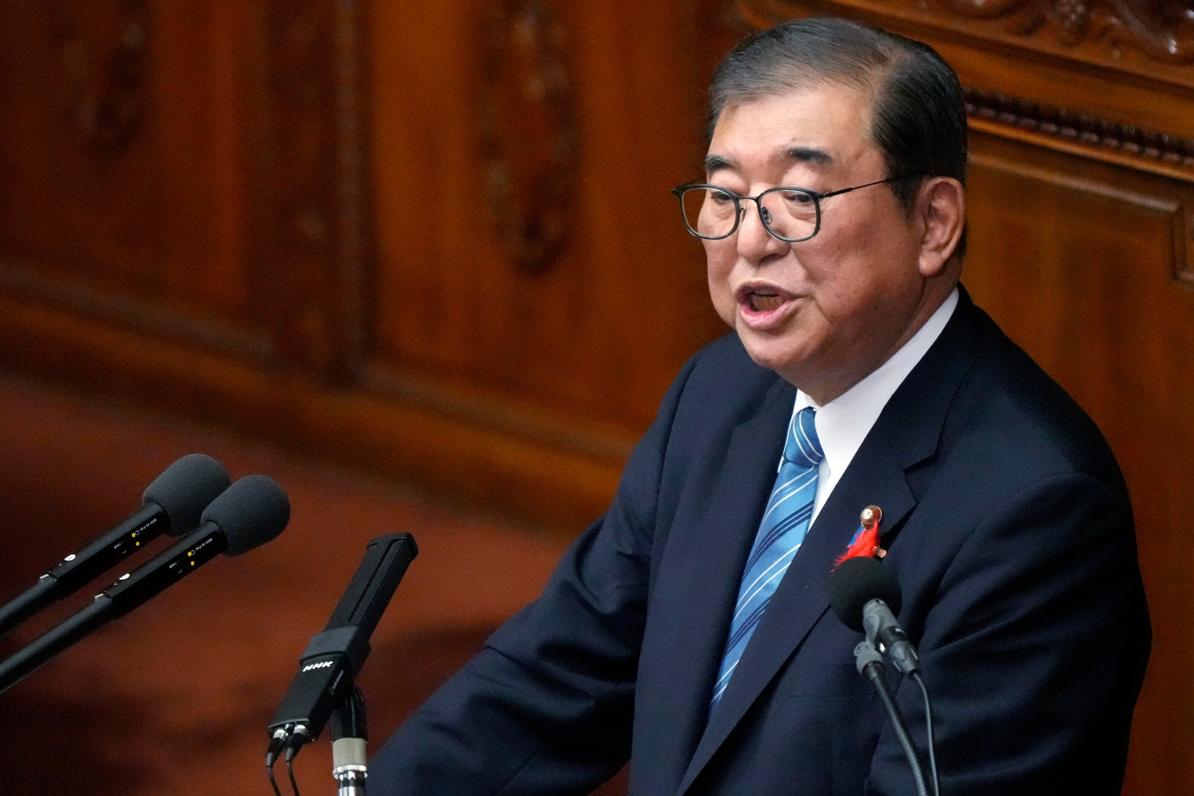 Japanese Prime Minister Shigeru Ishiba delivers his first policy speech to parliament, in Tokyo on Friday. Photo: AP