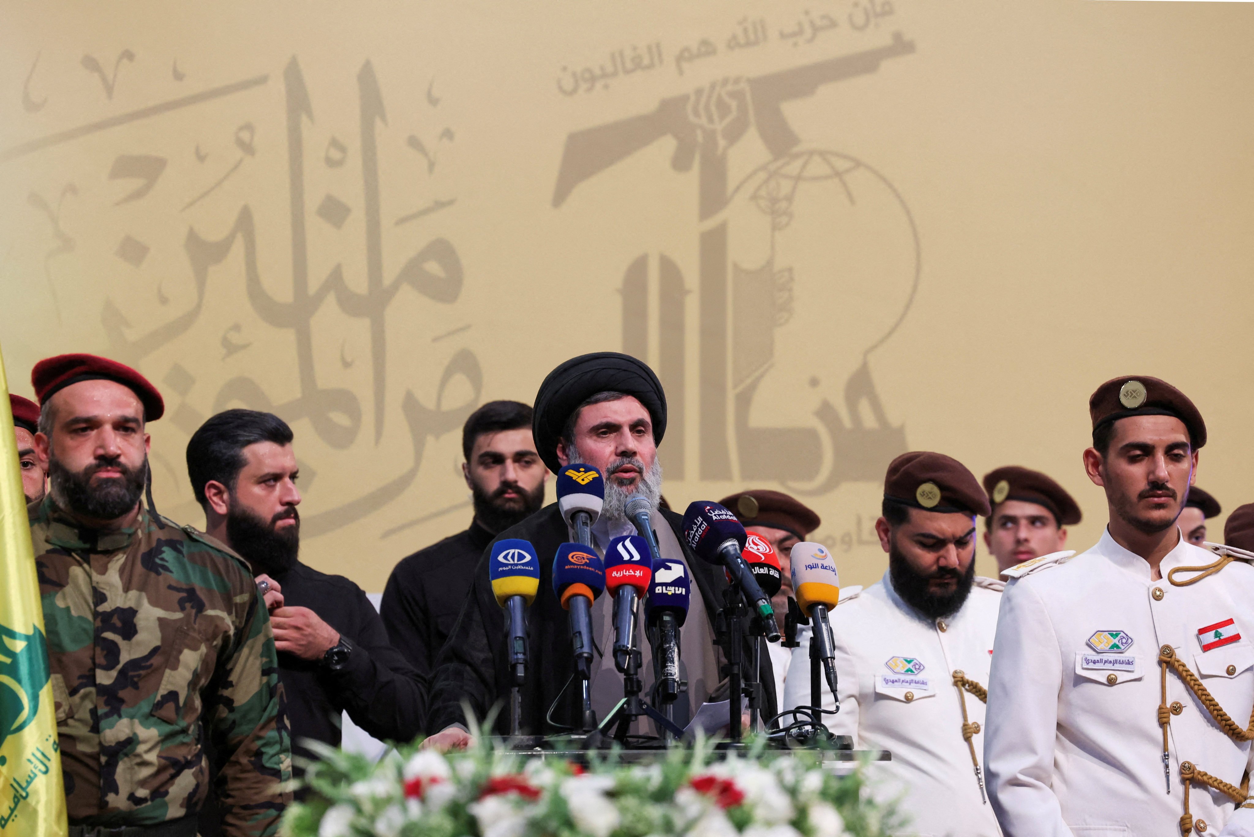 Senior Hezbollah official Hashem Safieddine, centre, on July 4. Hezbollah said contact had been lost with Safieddine following Israeli strikes this week. Photo: Reuters