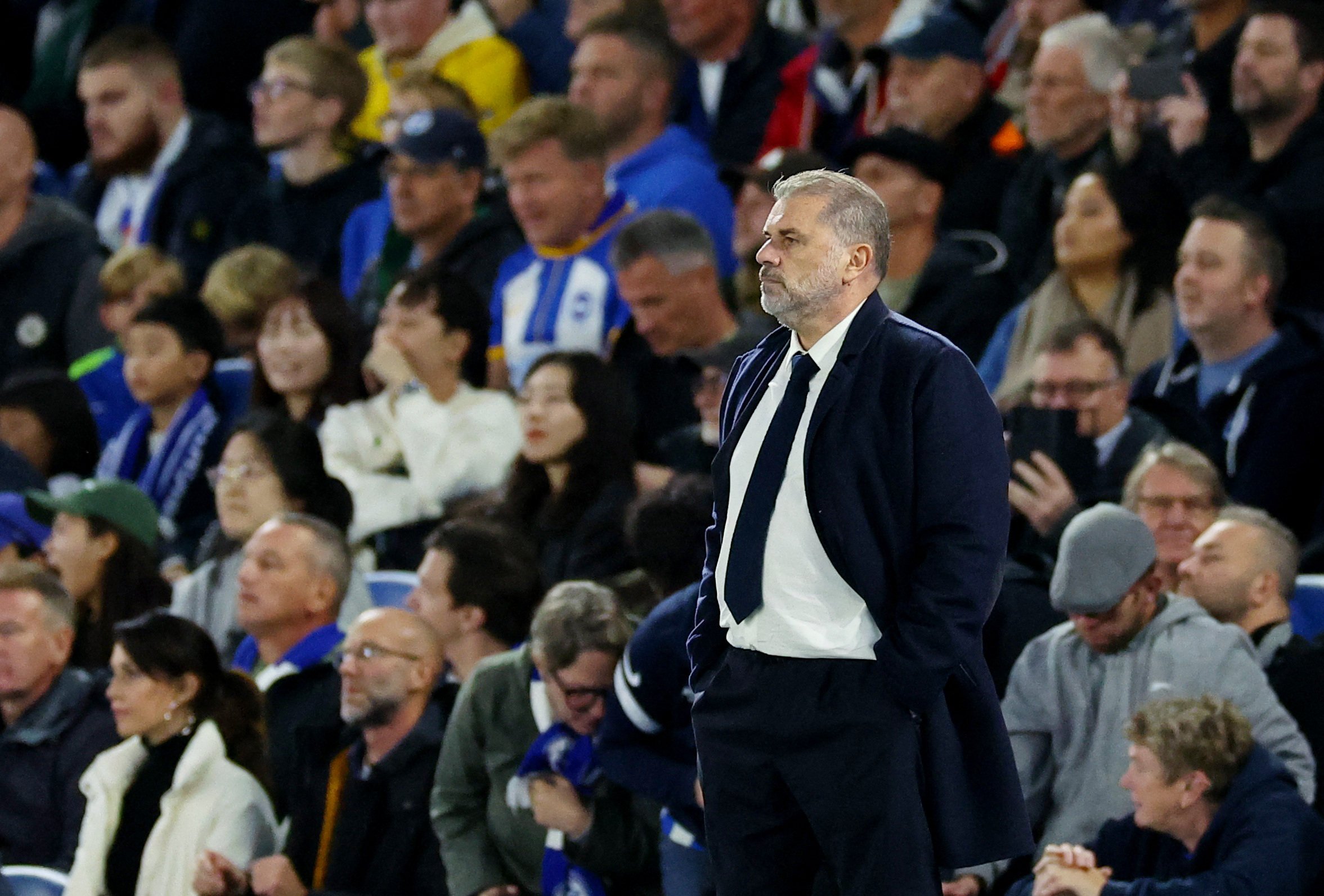 Tottenham boss Ange Postecolgou look in deep shock as his side blow a 2-0 lead to lose 3-2 at Brighton. Photo: Reuters