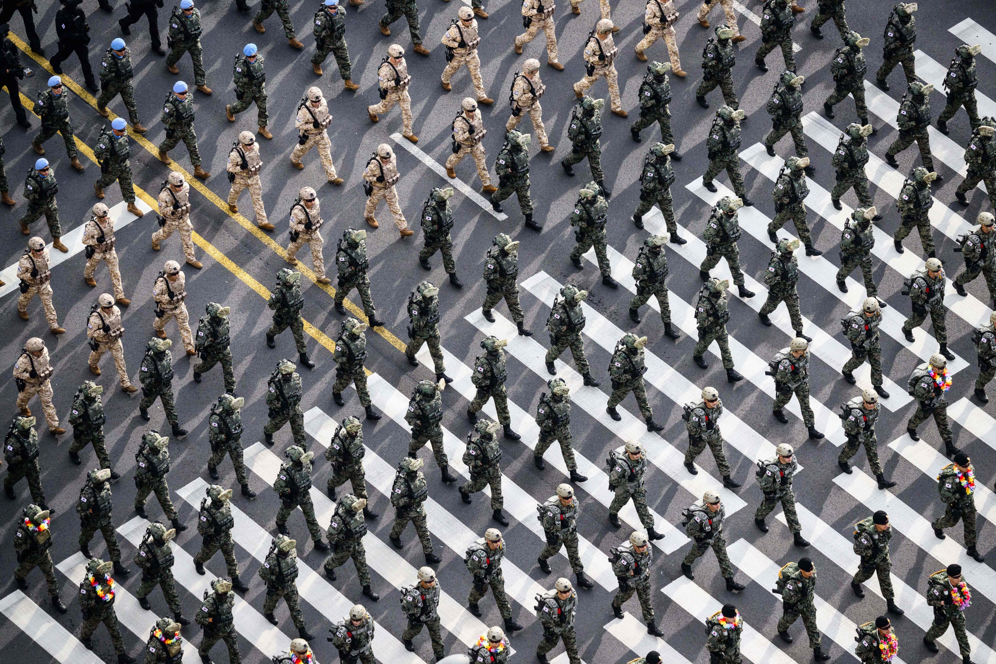 South Korean soldiers march through Seoul to mark the country’s 76th Armed Forces Day on October 1. Photo: AFP