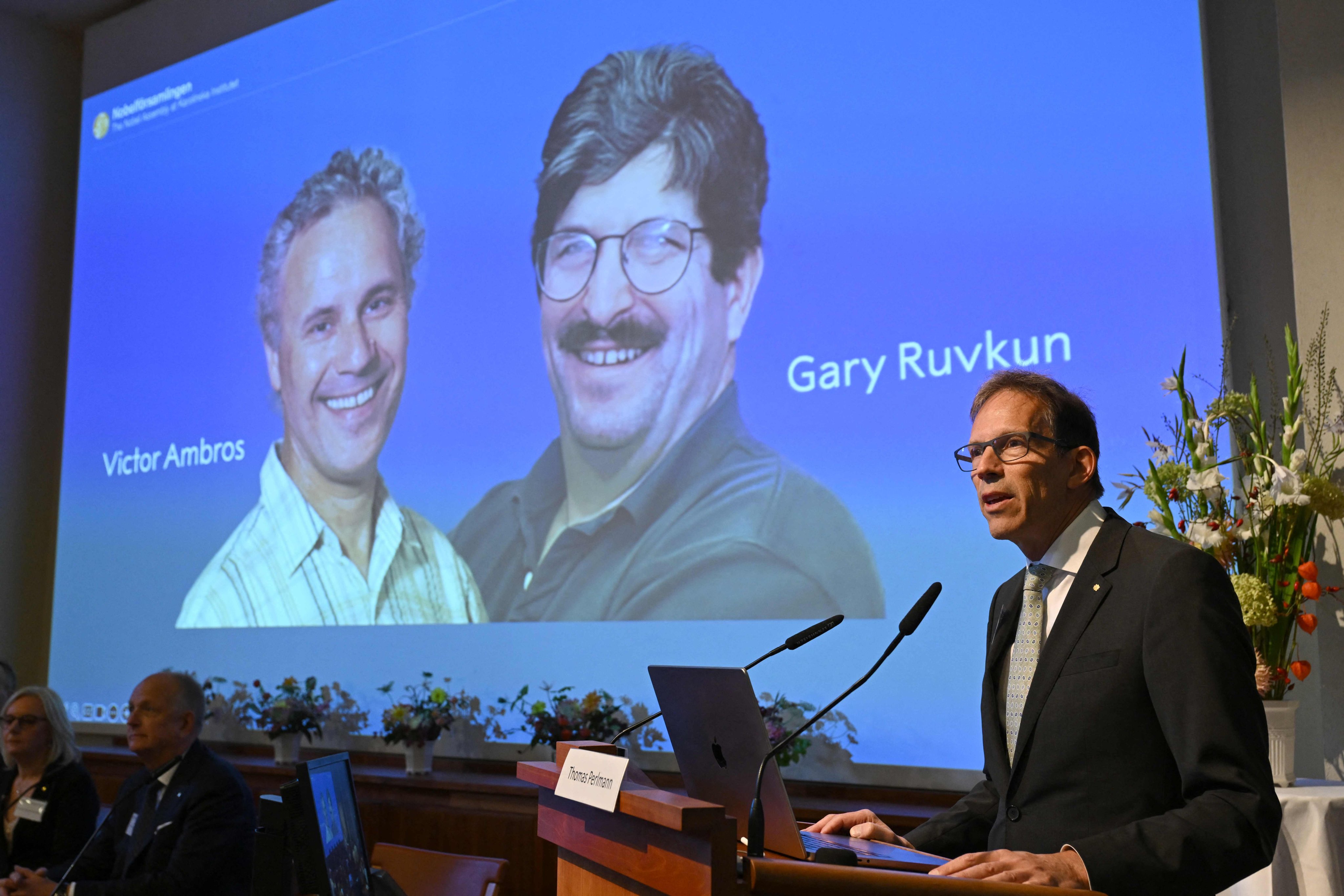 Nobel Committee Secretary General Thomas Perlmann speaks to the media in front of a picture of this year’s laureates Victor Ambros and Gary Ruvkum during the announcement of the winners of the 2024 Nobel Prize in Physiology or Medicine. Photo: AFP