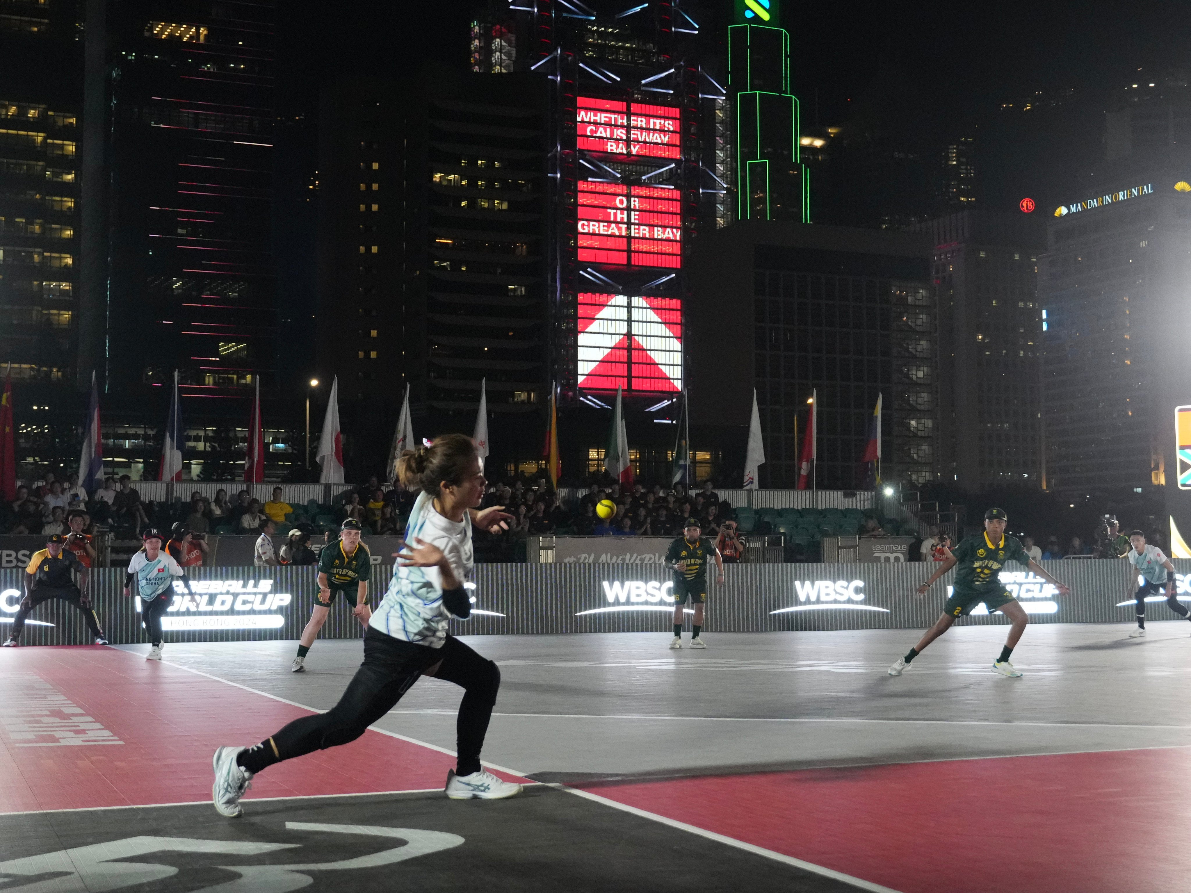 Hong Kong (white) defeated South Africa (green) to finish off the first day of action at the WBSC Baseball5 World Cup at the Central Harbourfront Event Space. Photo: Sam Tsang