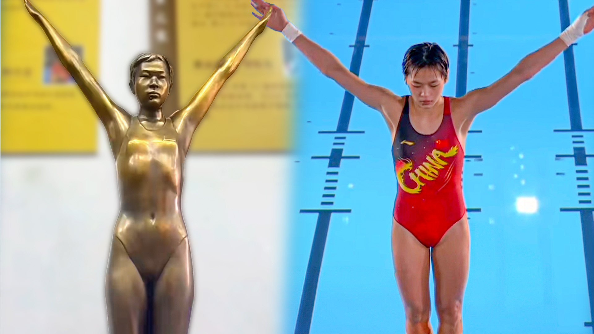 A museum in China is facing public criticism over a statue of Olympic diving champion Quan Hongchan. Photo: SCMP composite/Douyin/YouTube