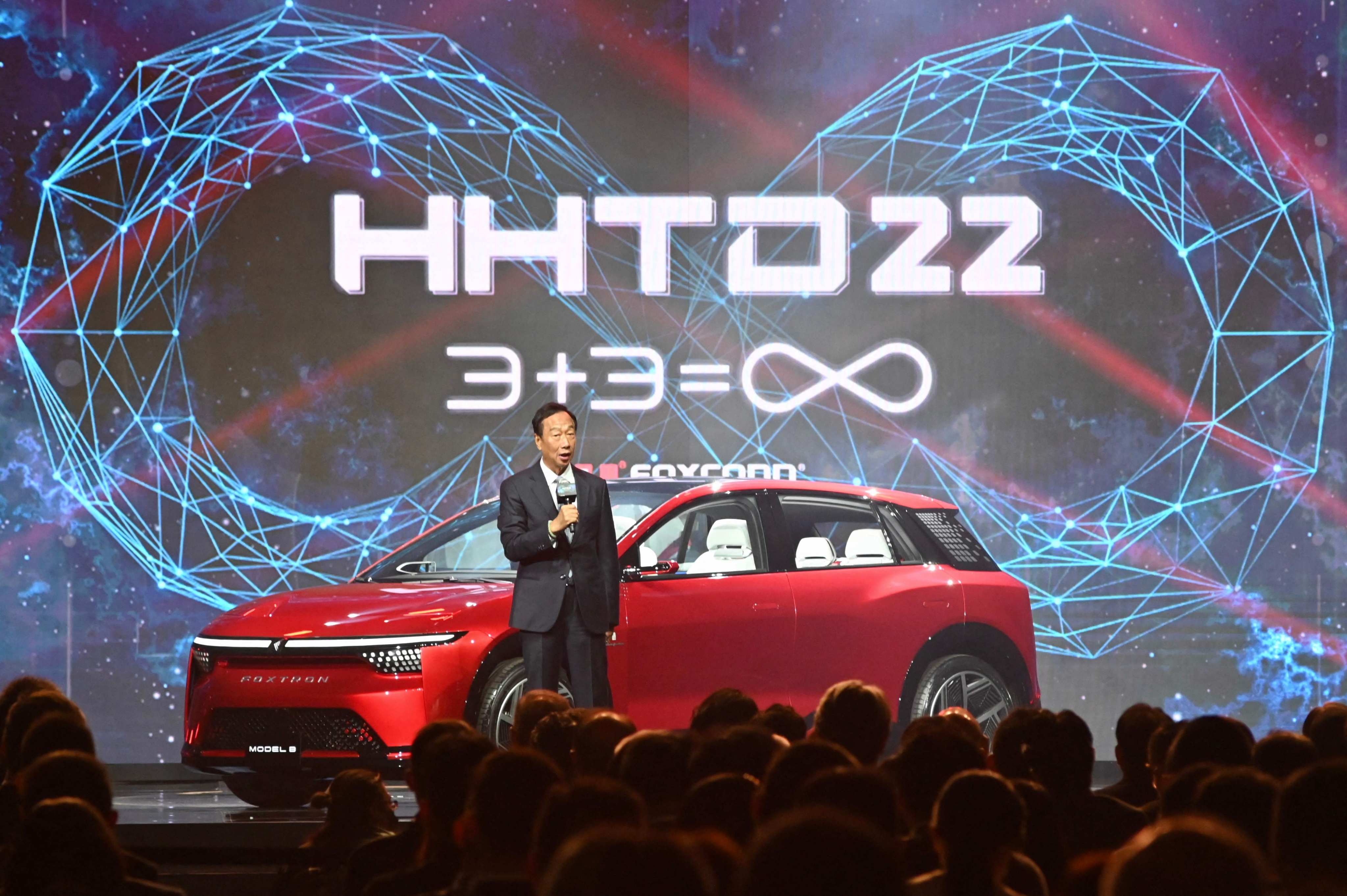 Foxconn founder Terry Gou introduces an electric vehicle prototype during the company’s annual tech showcase event in Taipei in October 2022. Photo: AFP