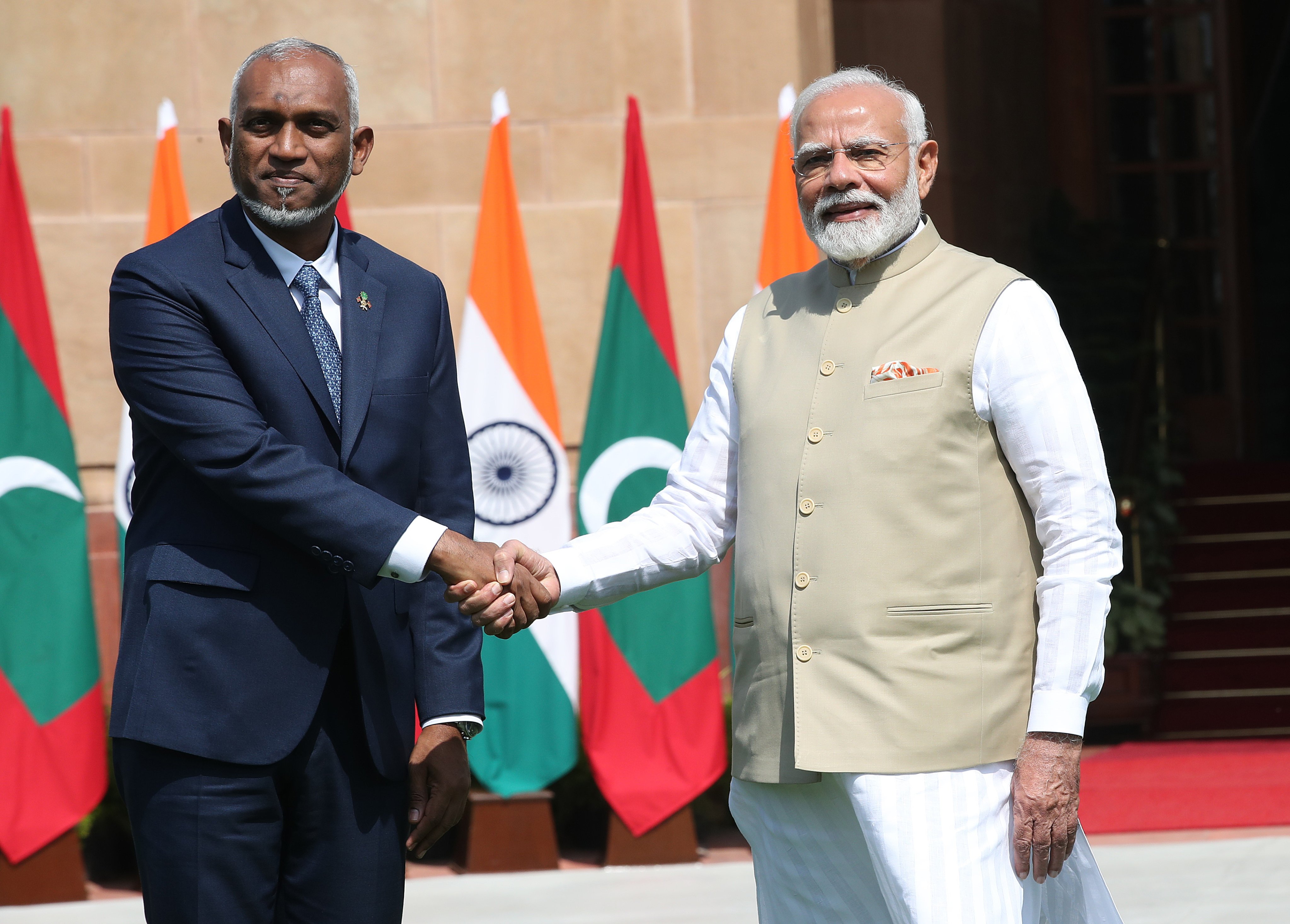 Maldivian President Mohamed Muizzu and Indian Prime Minister Narendra Modi prior to a meeting in New Delhi on Monday. Photo: EPA-EFE