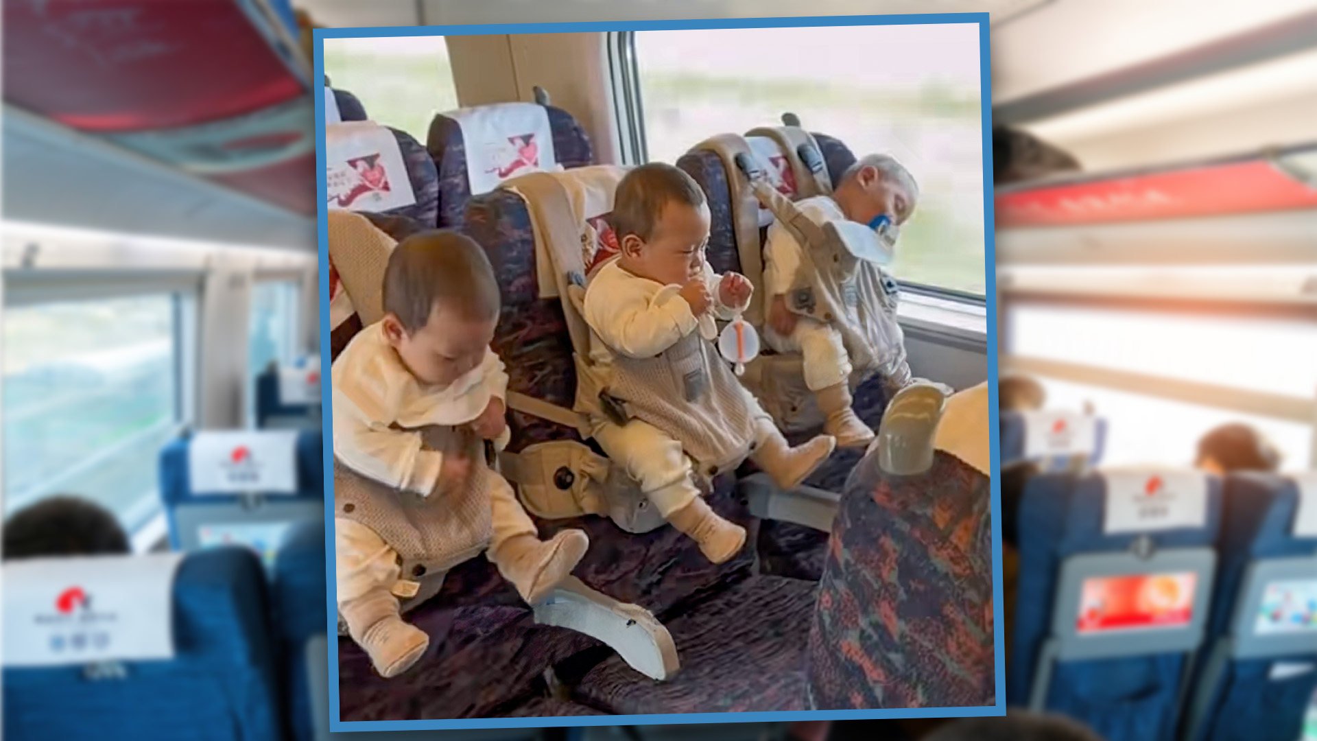 A father in China has been labelled a “super dad” for the way he handled his infant triplets while they were travelling on a high-speed train. Photo: SCMP composite/Shutterstock/Douyin
