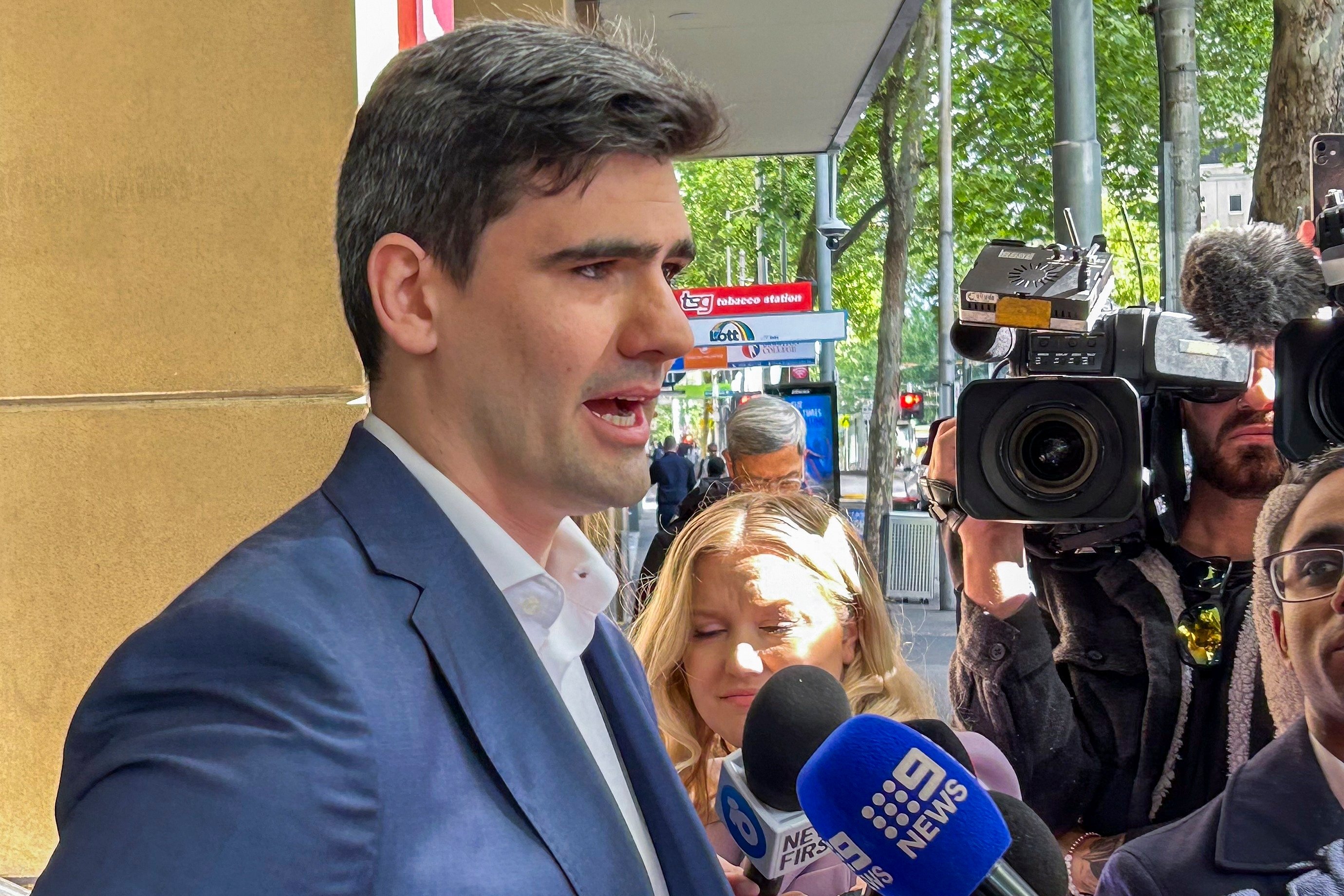 Jacob Hersant, 25, made the salute and praised Nazi leader Adolf Hitler in front of news media cameras outside the Victoria County Court on October 27, 2023. Photo: AP