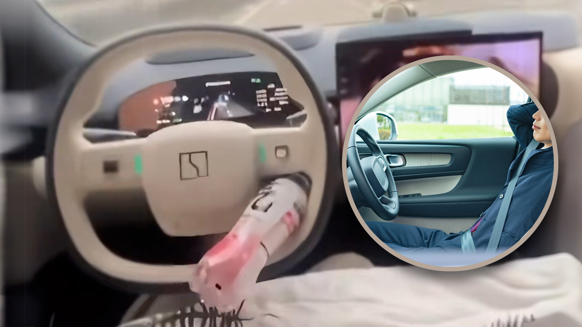 A driver in China who fell asleep at the wheel of a speeding self-driving car has been condemned for his dangerous behaviour. Photo: SCMP composite/Shutterstock/Douyin