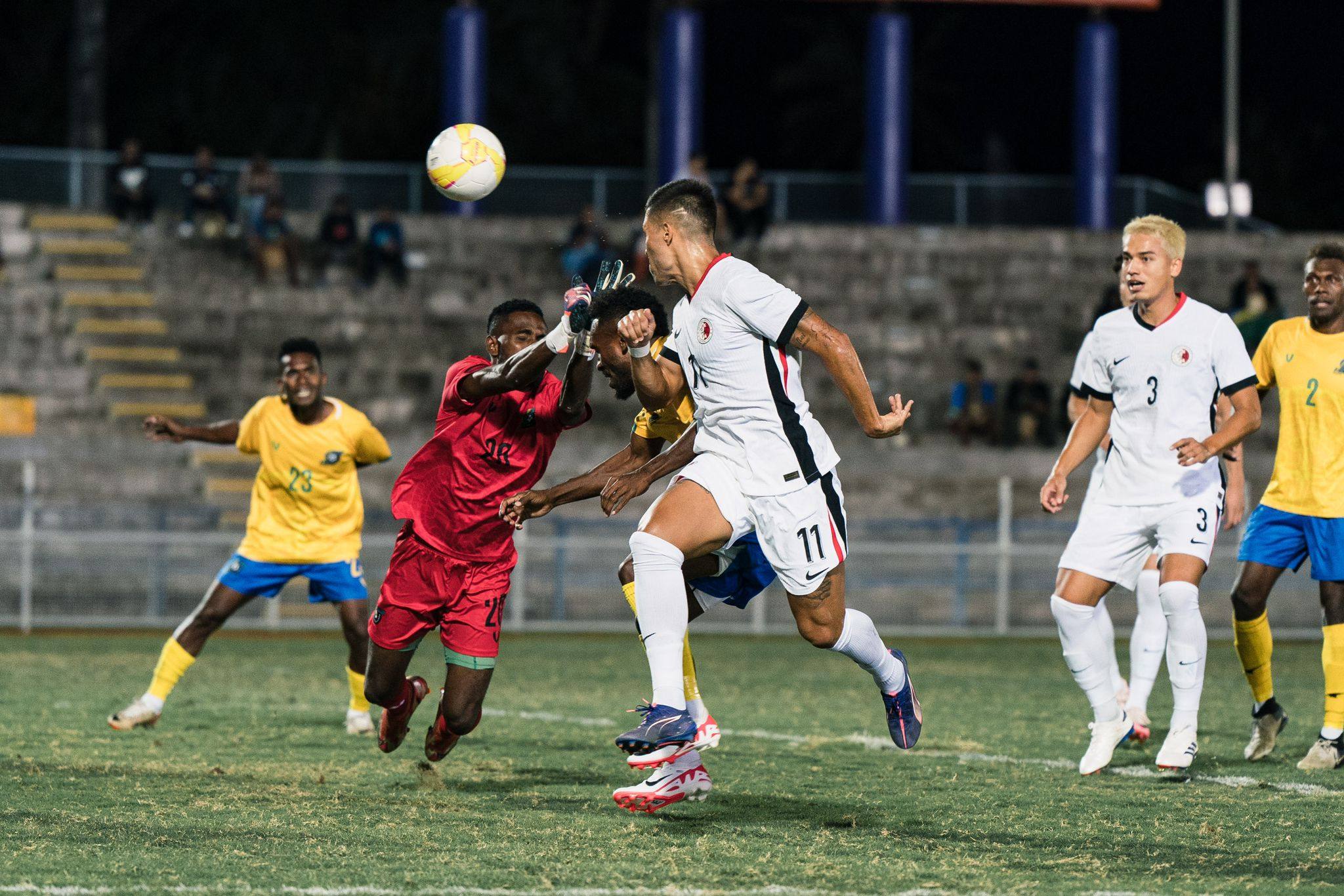 Juninho steers a header goalwards during Hong Kong’s victory over Solomon Islands in September. Photo: HKFA