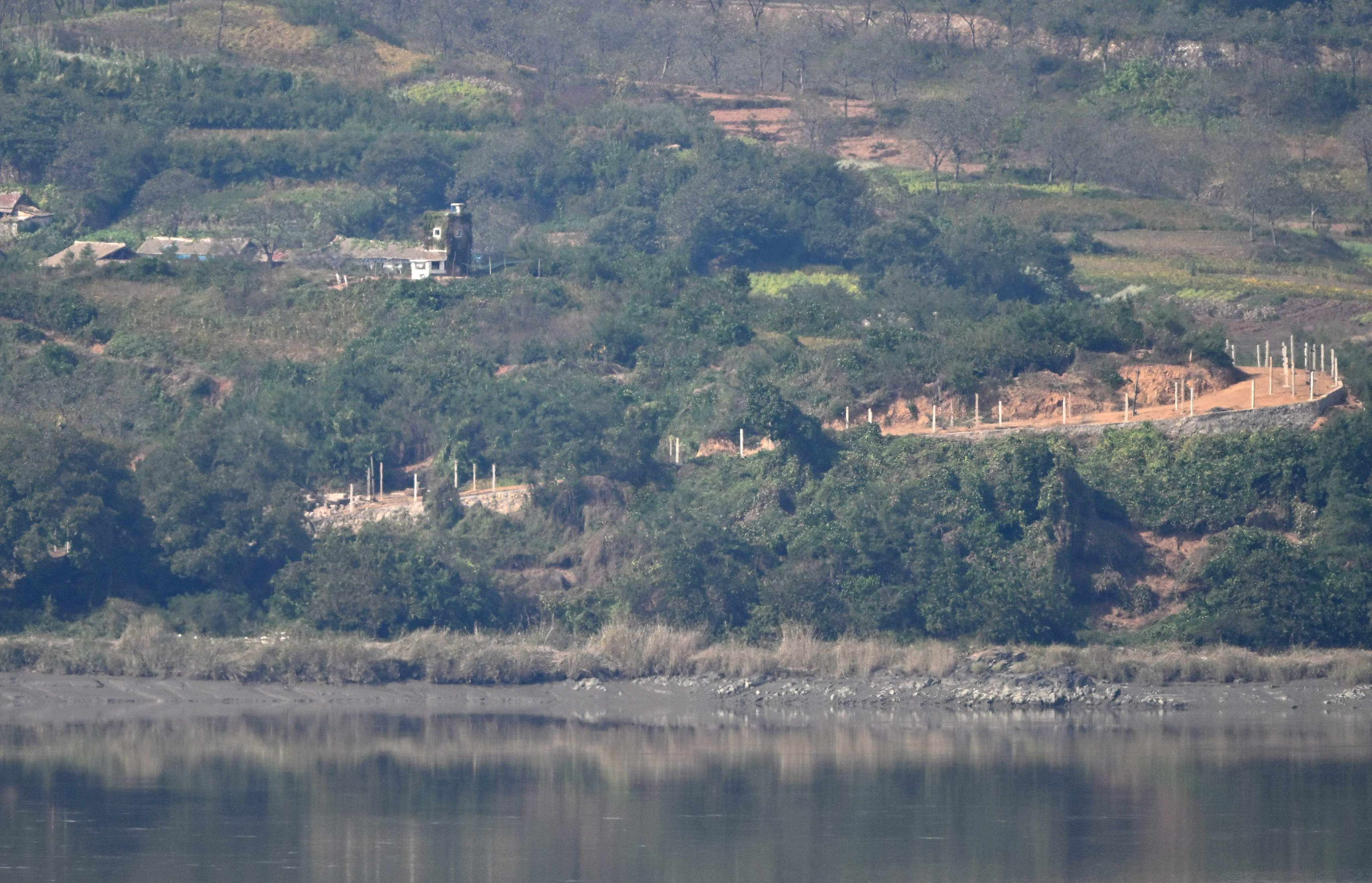 A North Korean guard post on the North side of the demilitarised zone dividing the two Koreas, is seen from South Korea’s Odusan Unification Observatory in Paju on Wednesday. Photo: AFP