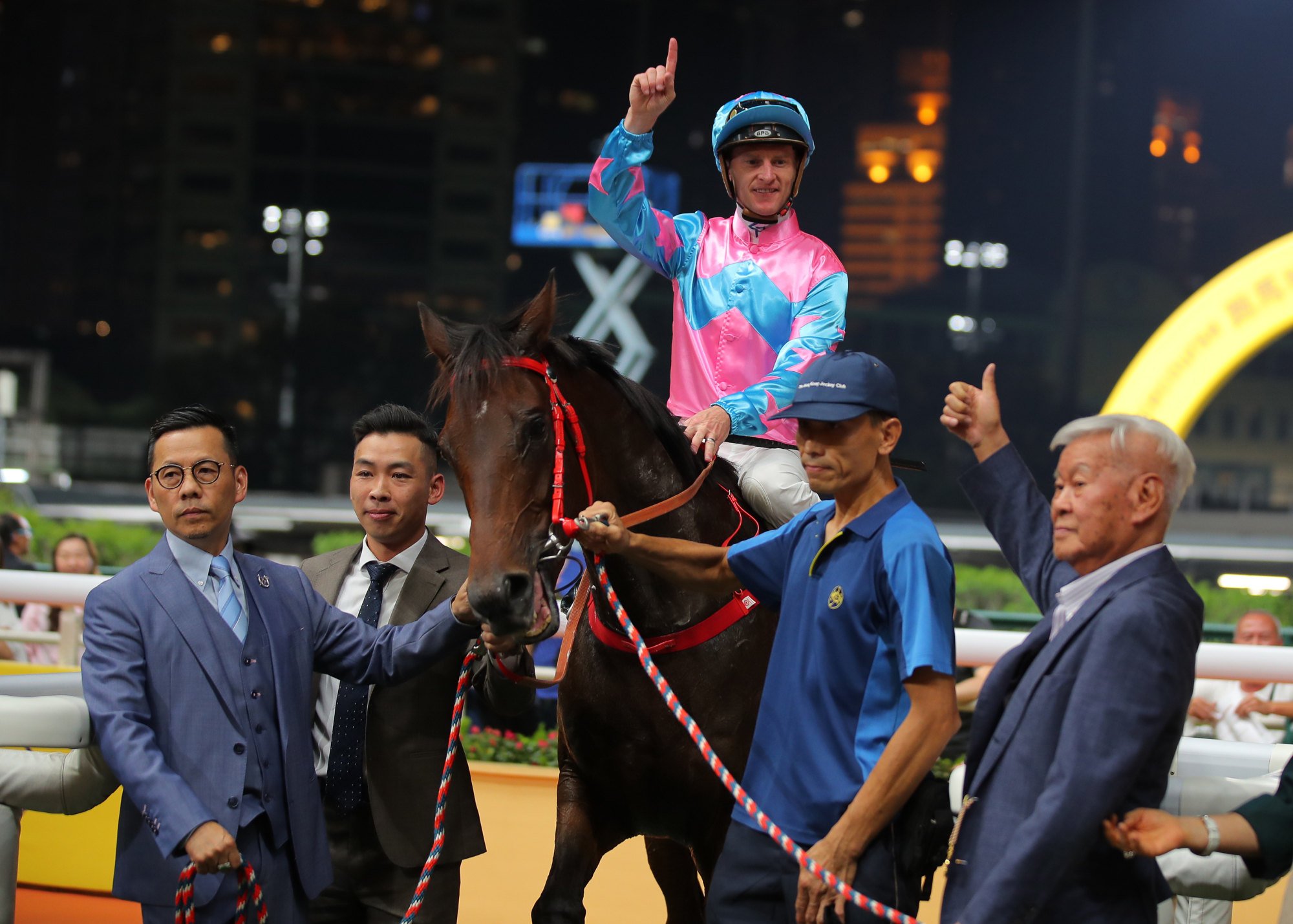 Frankie Lor (left), Zac Purton and connections celebrate Super Unicorn’s first victory.