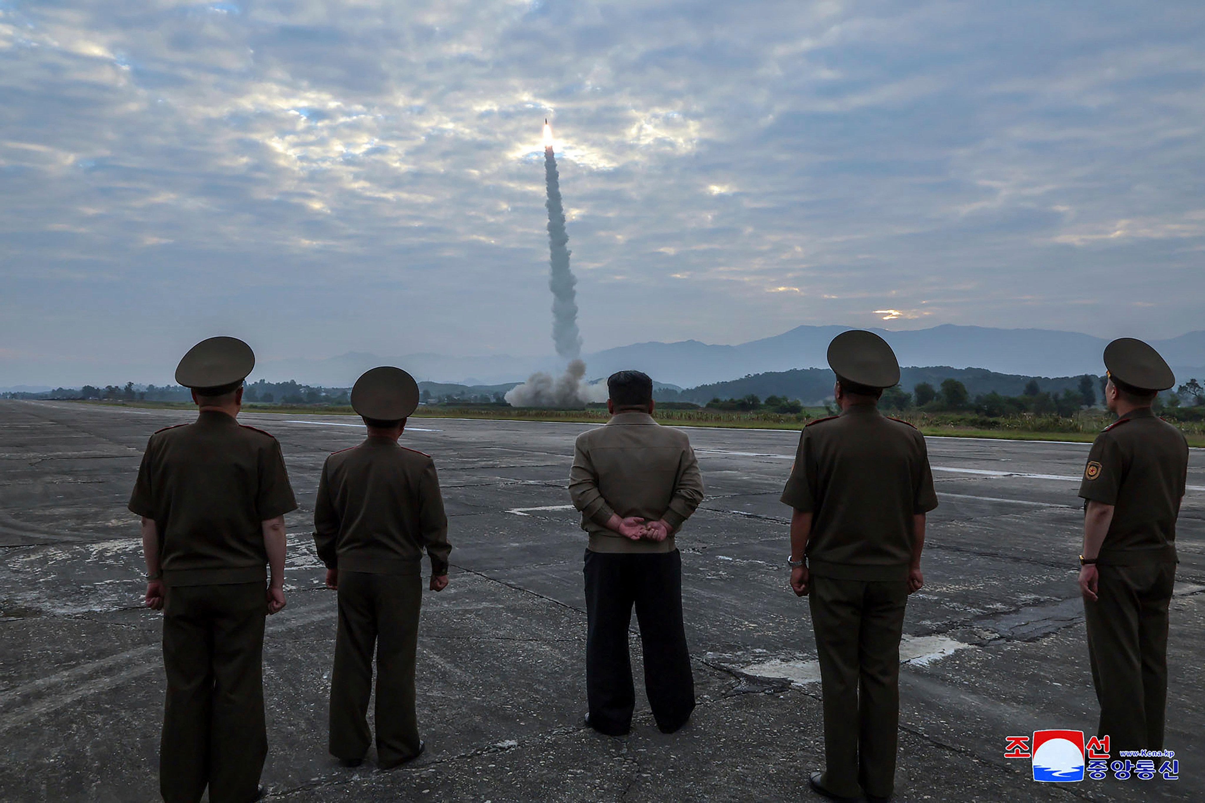 North Korean leader Kim Jong Un (middle) oversees a launch of a ballistic missile at an undisclosed place in North Korea. The threat from North Korea is expected to be a key focus in Shigeru Ishiba’s engagement with Yoon Suk-yeol. Photo: AP