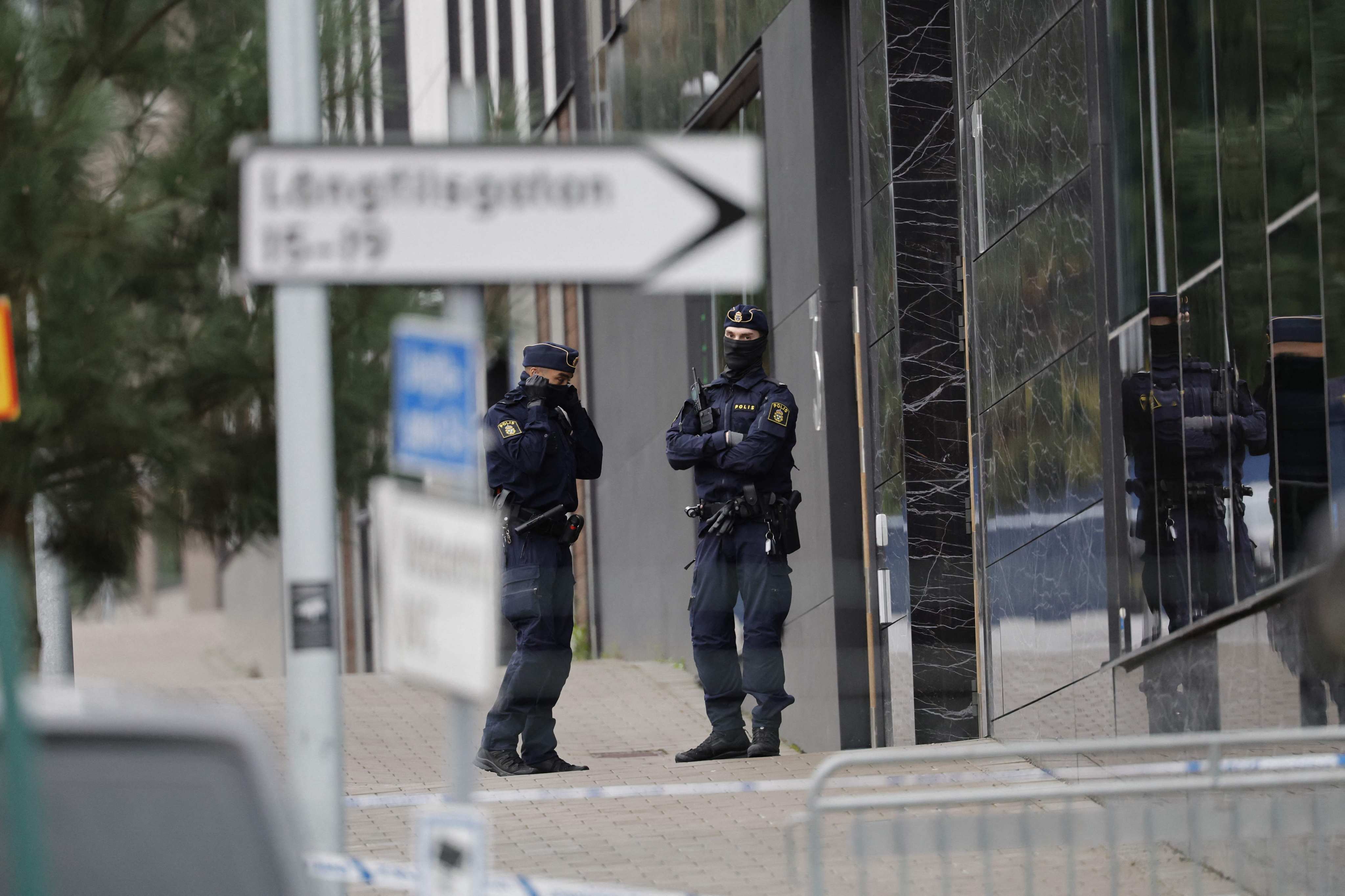 Police patrol at the scene of a shooting at an office of Israeli military technology firm Elbit Systems in Gothenburg. Photo: AFP