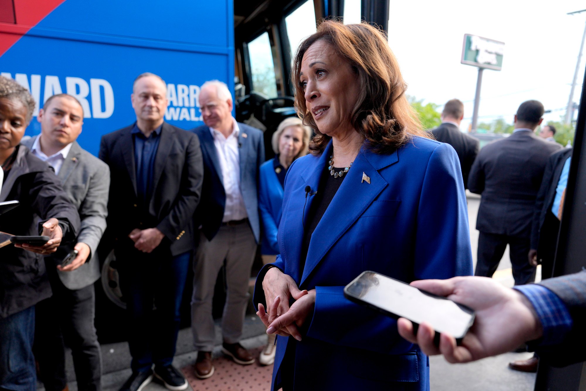 US Vice-President Kamala Harris, the 2024 Democratic presidential candidate, speaks to reporters during a campaign stop in Pittsburgh, Pennsylvania, in August. Pennsylvania is considered a battleground state. Photo: AP