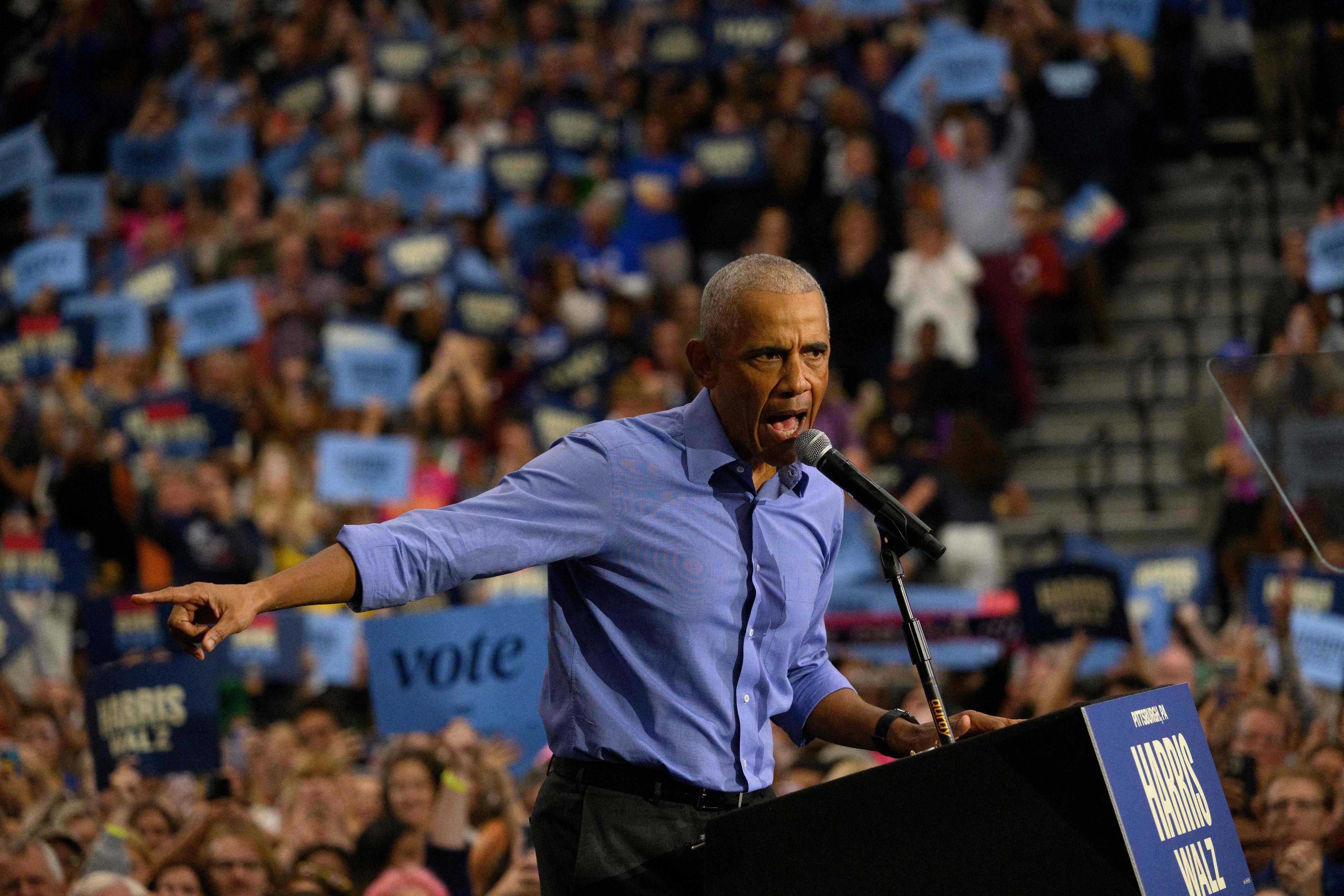 Former US president Barack Obama in the must-win state of Pennsylvania on Thursday. Photo: AFP