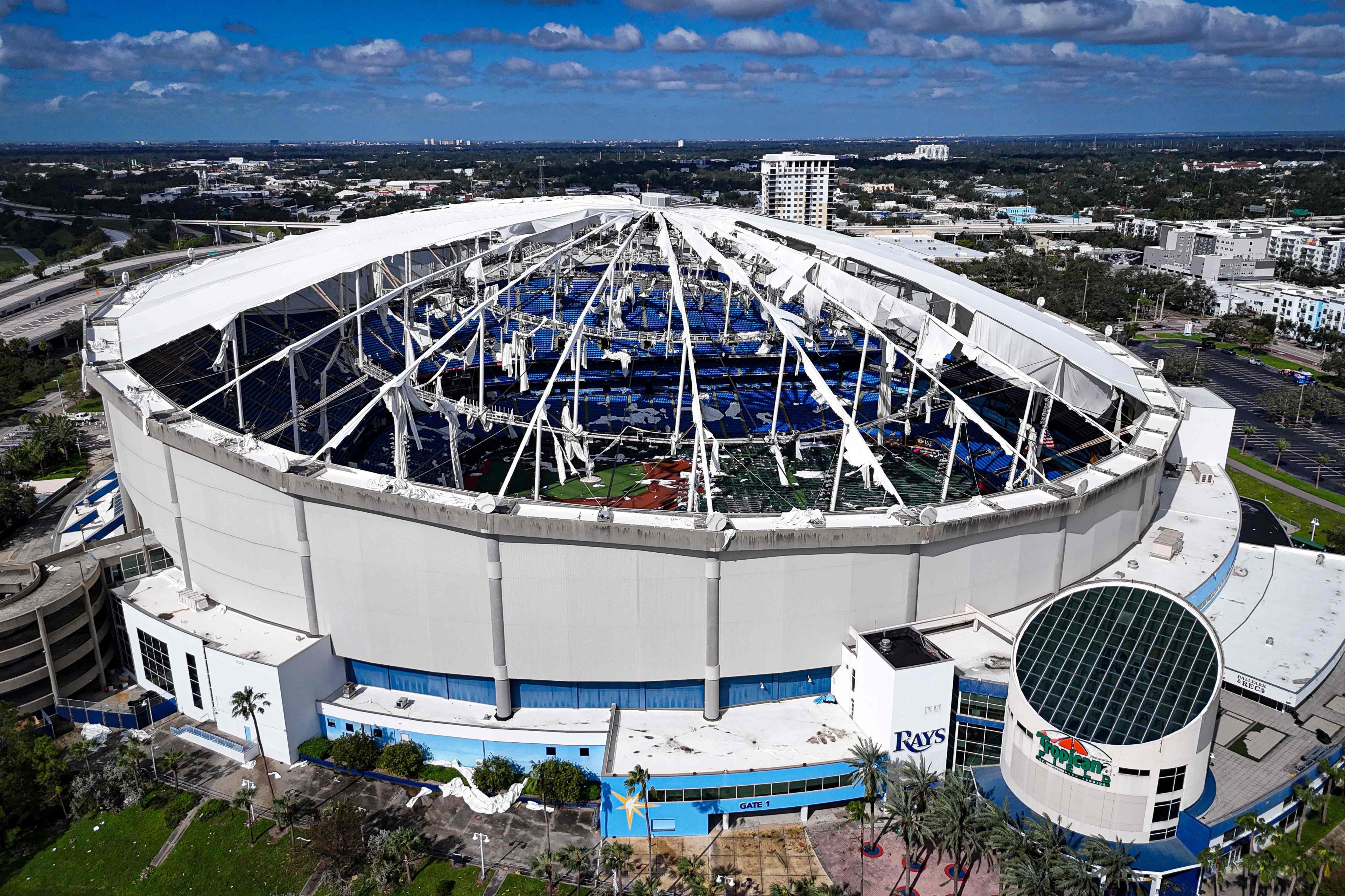 The dome of Tropicana Field in St Petersburg, Florida, on Thursday, torn open by Hurricane Milton. Photo: AFP 