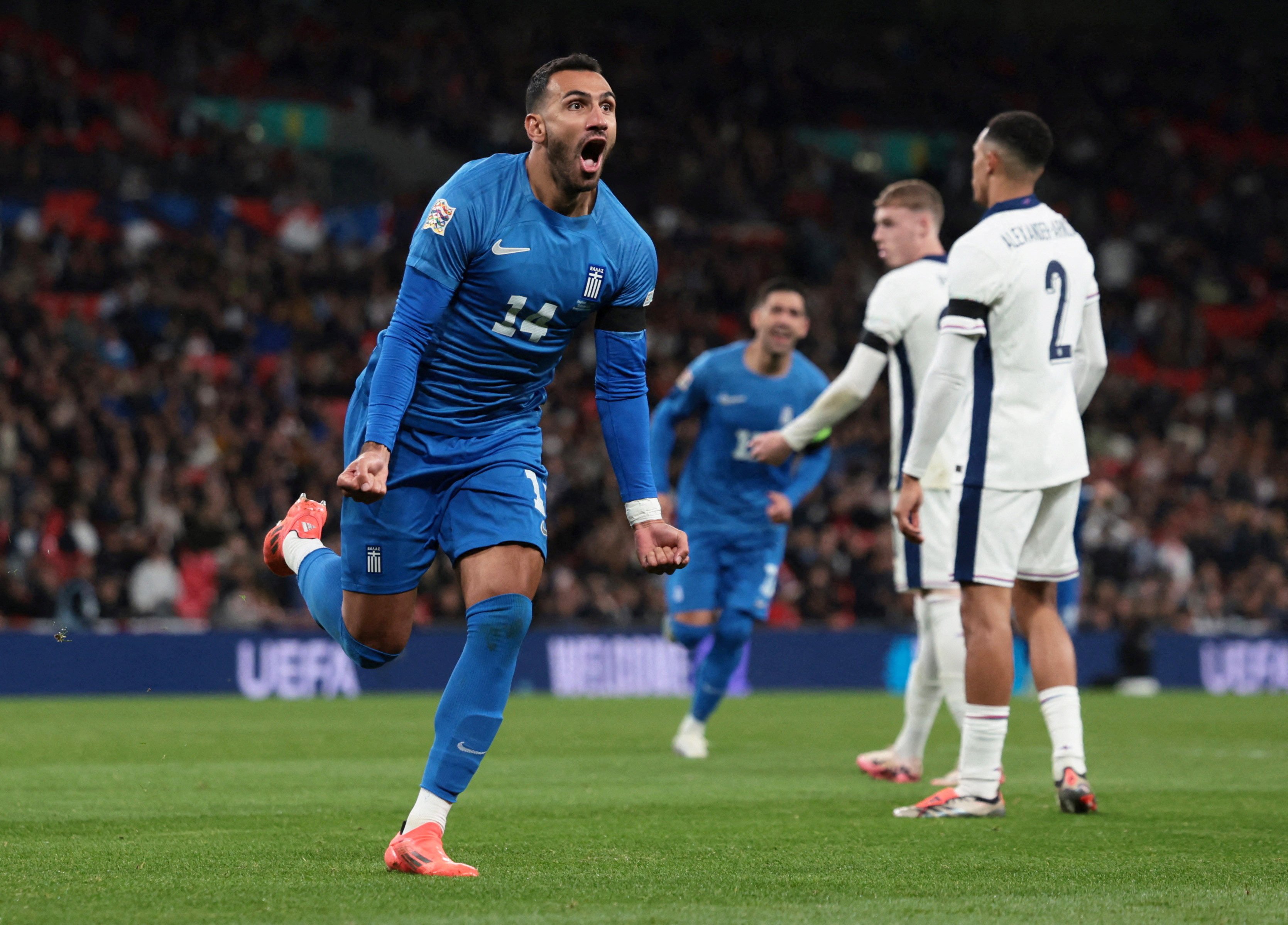 Greece’s Vangelis Pavlidis scored twice, including a stoppage-time winner, to earn a famous win over England at Wembley. Photo: Reuters