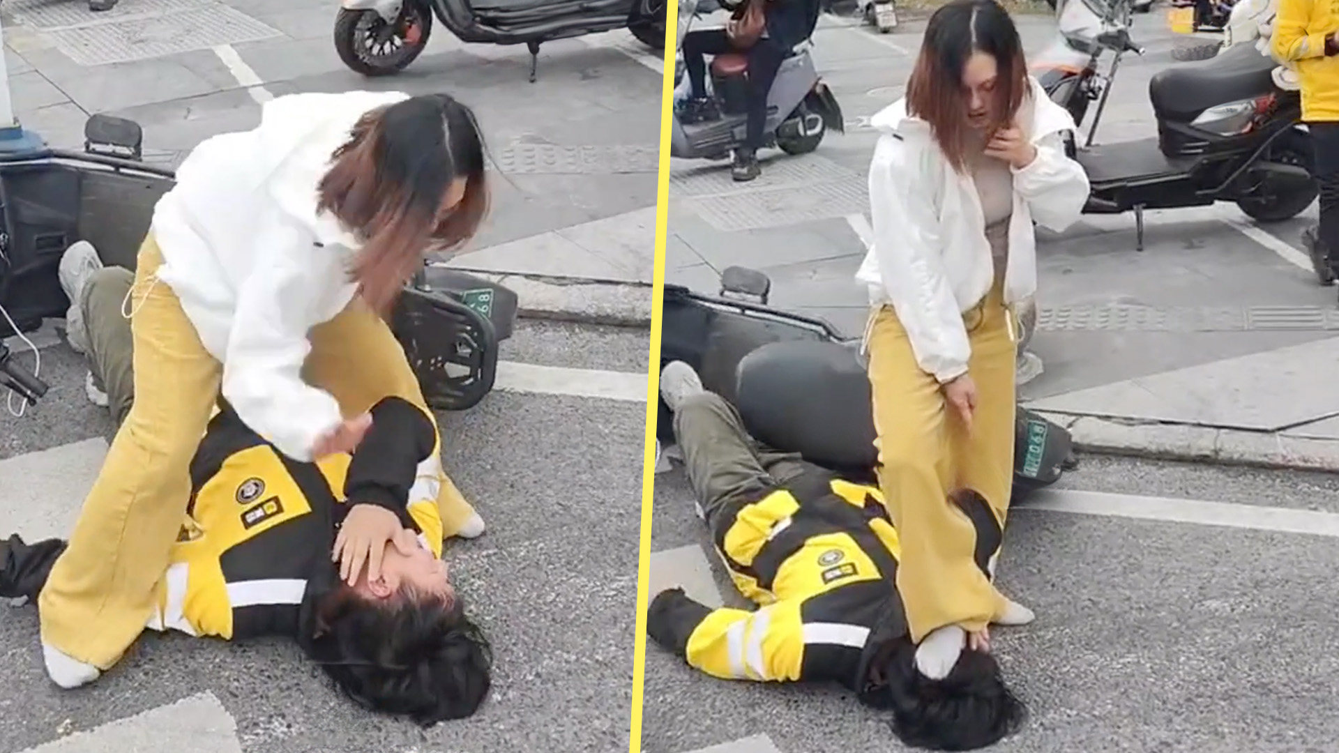 A drunk woman in China who attacked a food delivery worker on his first day on the job has been slammed by people on social media. Photo: SCMP composite/Douyin