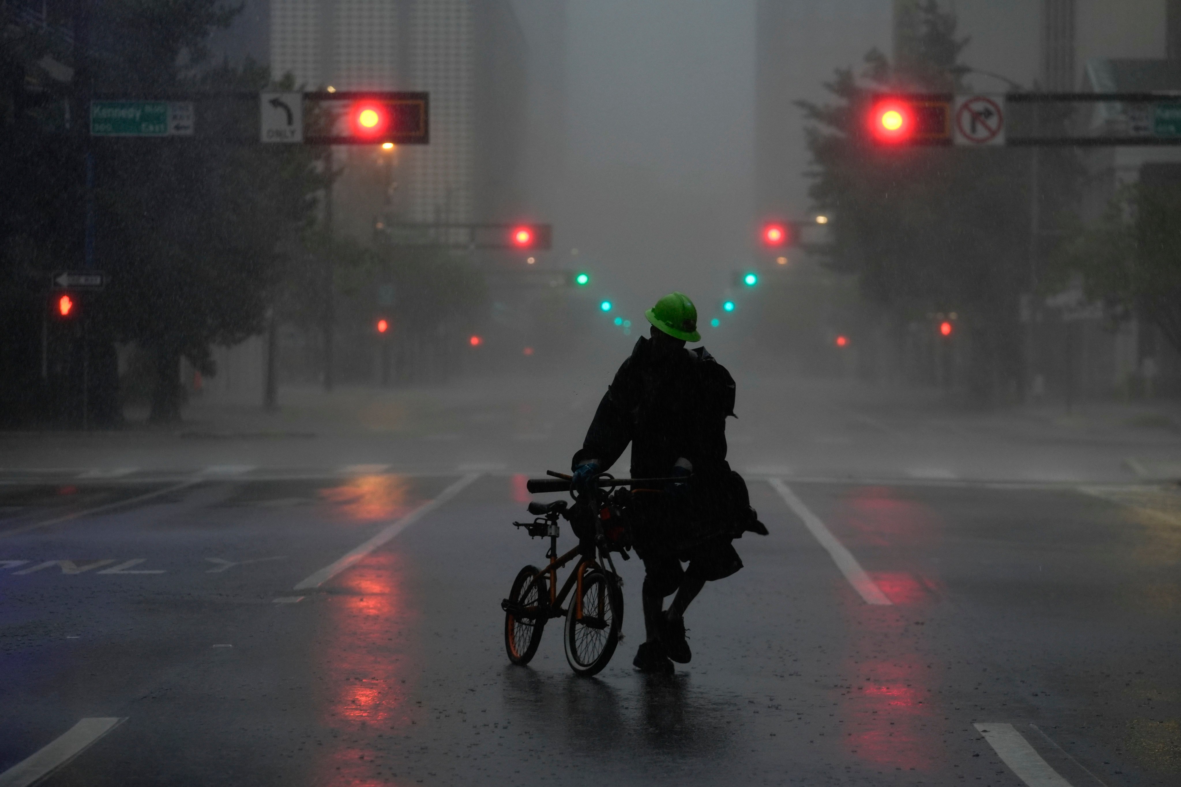 A largely deserted street in downtown Tampa, Florida during the approach of Hurricane Milton on Wednesday. Photo: AP