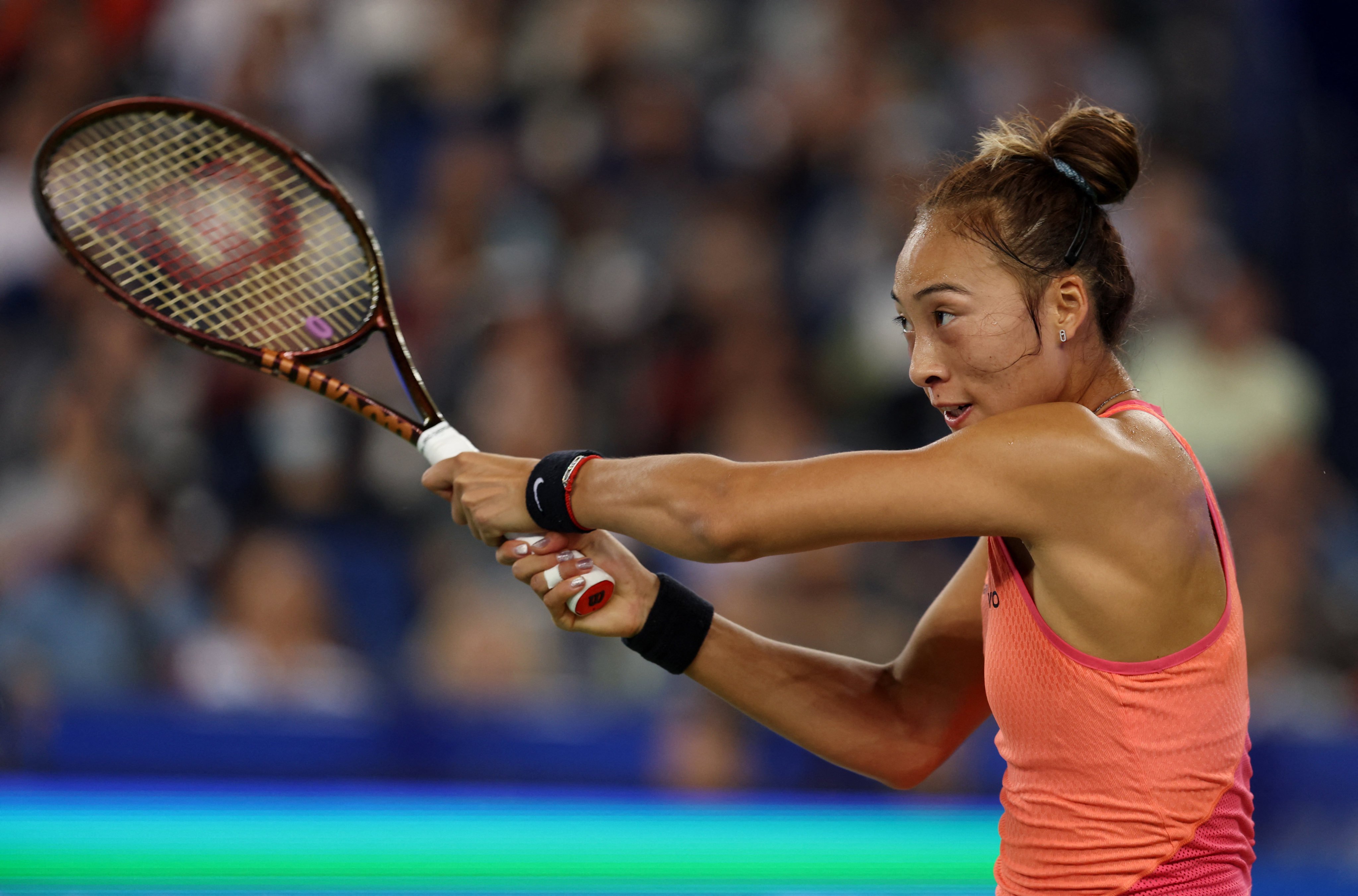 Zheng Qinwen in action during her final against Belarus’ Aryna Sabalenka. Photo: Reuters