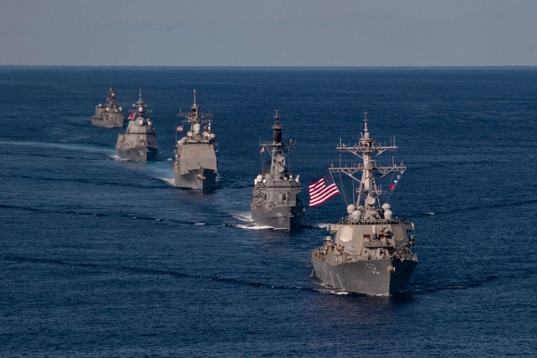 Ships from the US, Japan and Canada sail in formation in waters off Japan for Keen Sword drills in 2020. Photo: US Pacific Fleet