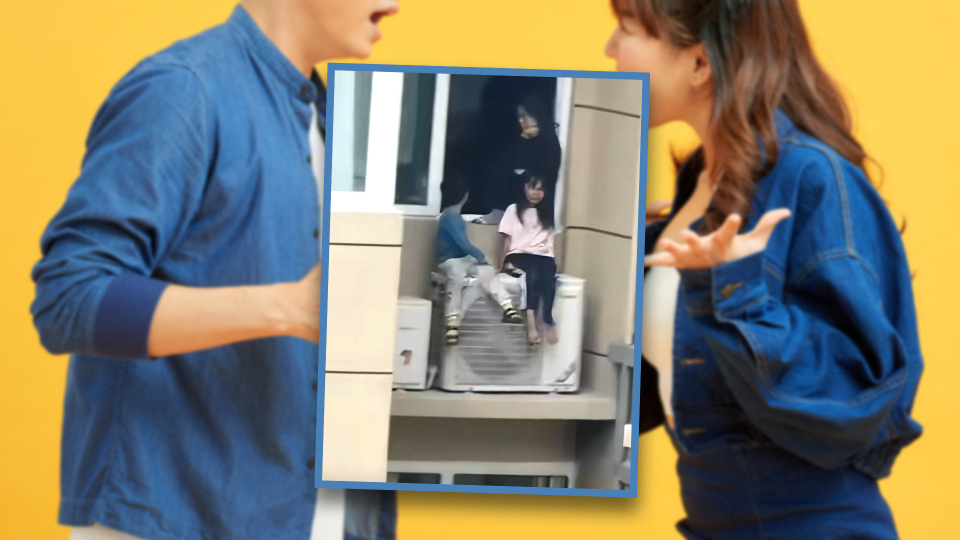 A mother in China has faced online condemnation after she perched her two children on a 23rd-floor outdoor air conditioning unit to provoke her husband during a row. Photo: SCMP composite/Shutterstock/Douyin