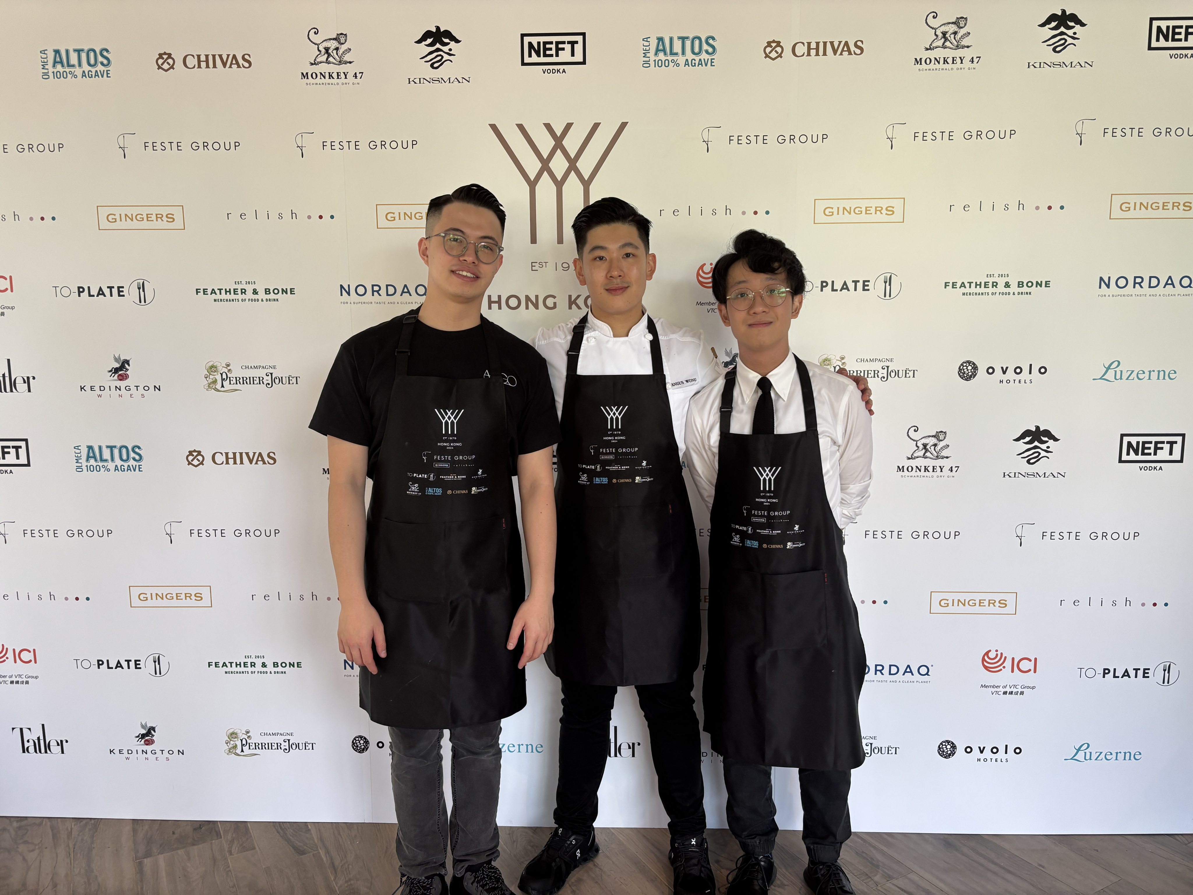 (From left) Argo’s Evan Mak Siu-nam, Amber’s Angus Wong Chun-kei and Godenya’s Tony To Long-him, who were respectively crowned the best bartender, chef and waiter in Hong Kong in the 2024 Young Chef Young Waiter Young Mixologist Hong Kong contest. Photo: Ashlyn Chak