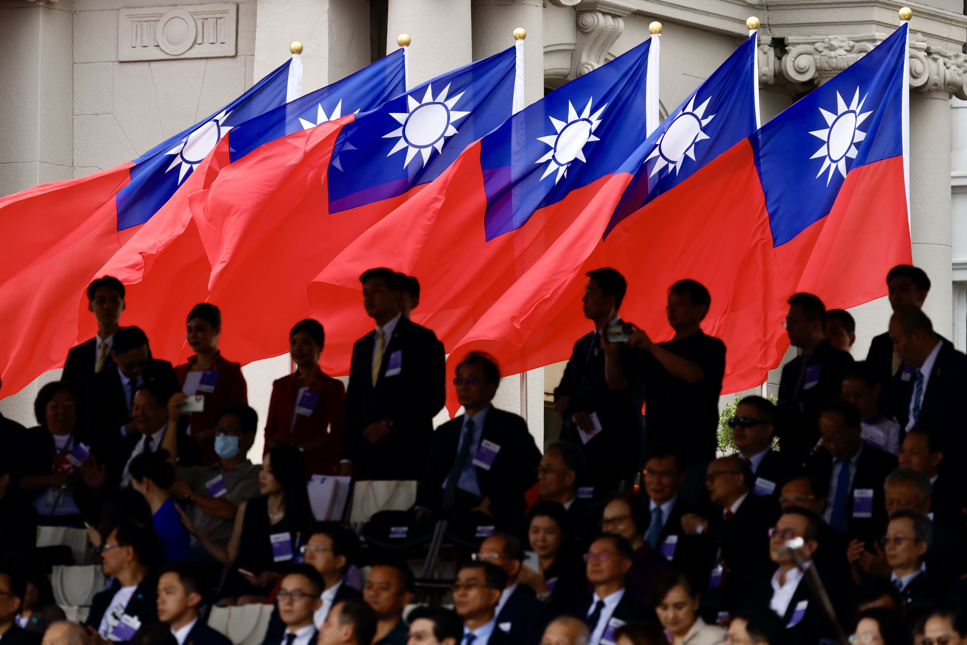 Attendees stand in front of Taiwan national flags on National Day. New President William Lai said in a speech that the People’s Republic of China ‘has no right to represent Taiwan’.  Photo: EPA-EFE