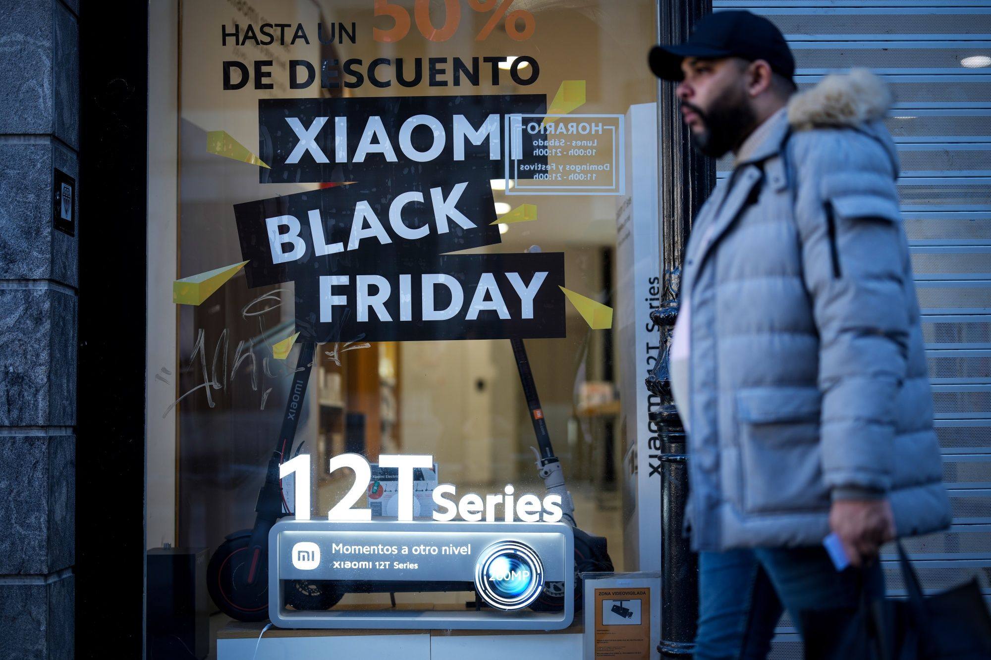 Promotional signage for Black Friday at a Xiaomi store in Madrid, Spain. Photo: Bloomberg