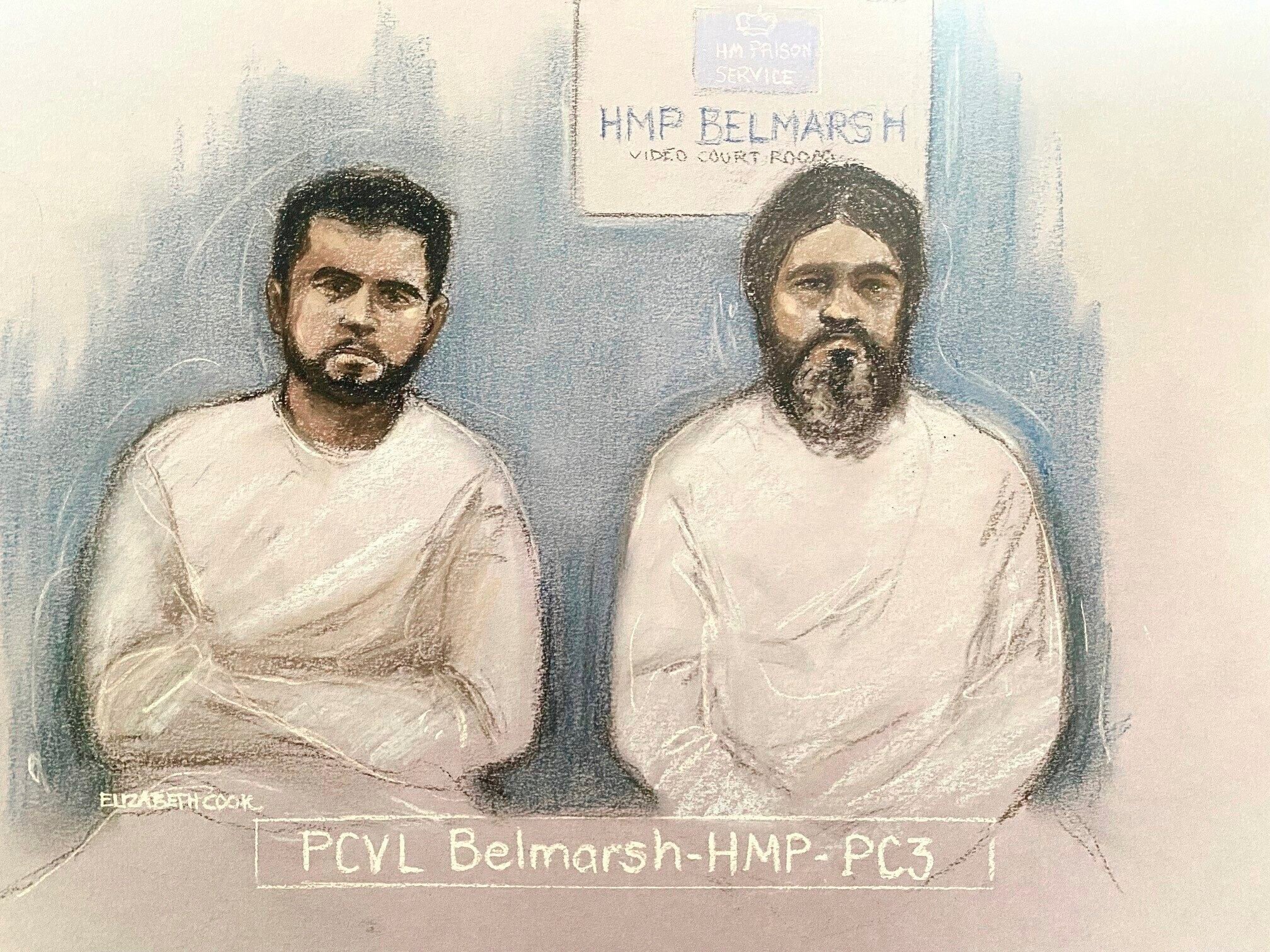 A court artist sketch shows Sara Sharif’s father Urfan Sharif (right) and her uncle Faisal Malik appearing via video-link from Belmarsh prison, at the Old Bailey in London on Monday. Photo: PA via AP 