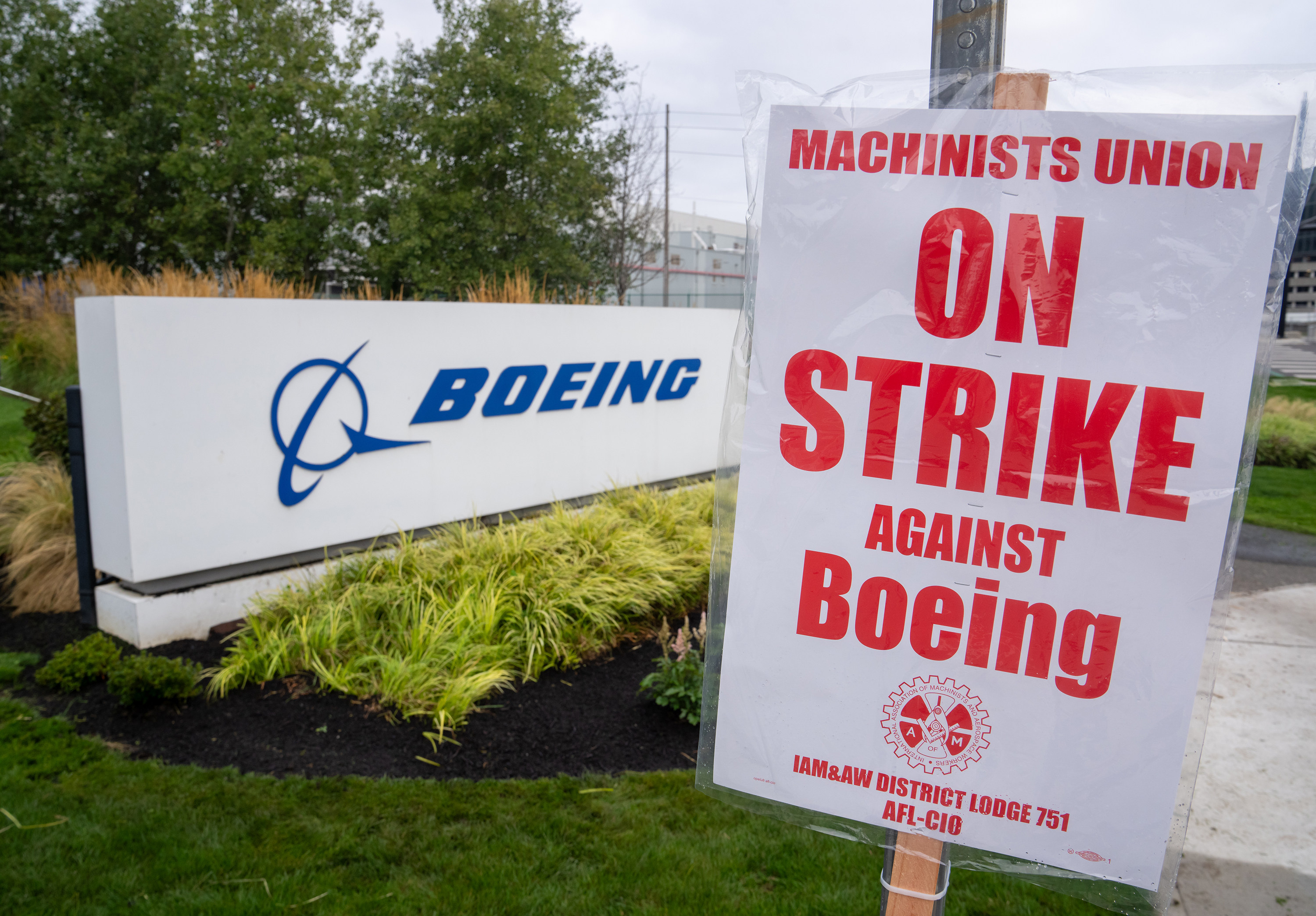 A strike sign is pictured outside a Boeing factory on Sept. 13, 2024, in Renton, Washington. The Boeing Machinists union voted overwhelmingly to reject the airplane maker’s contract offer and strike. (Stephen Brashear/Getty Images/TNS)