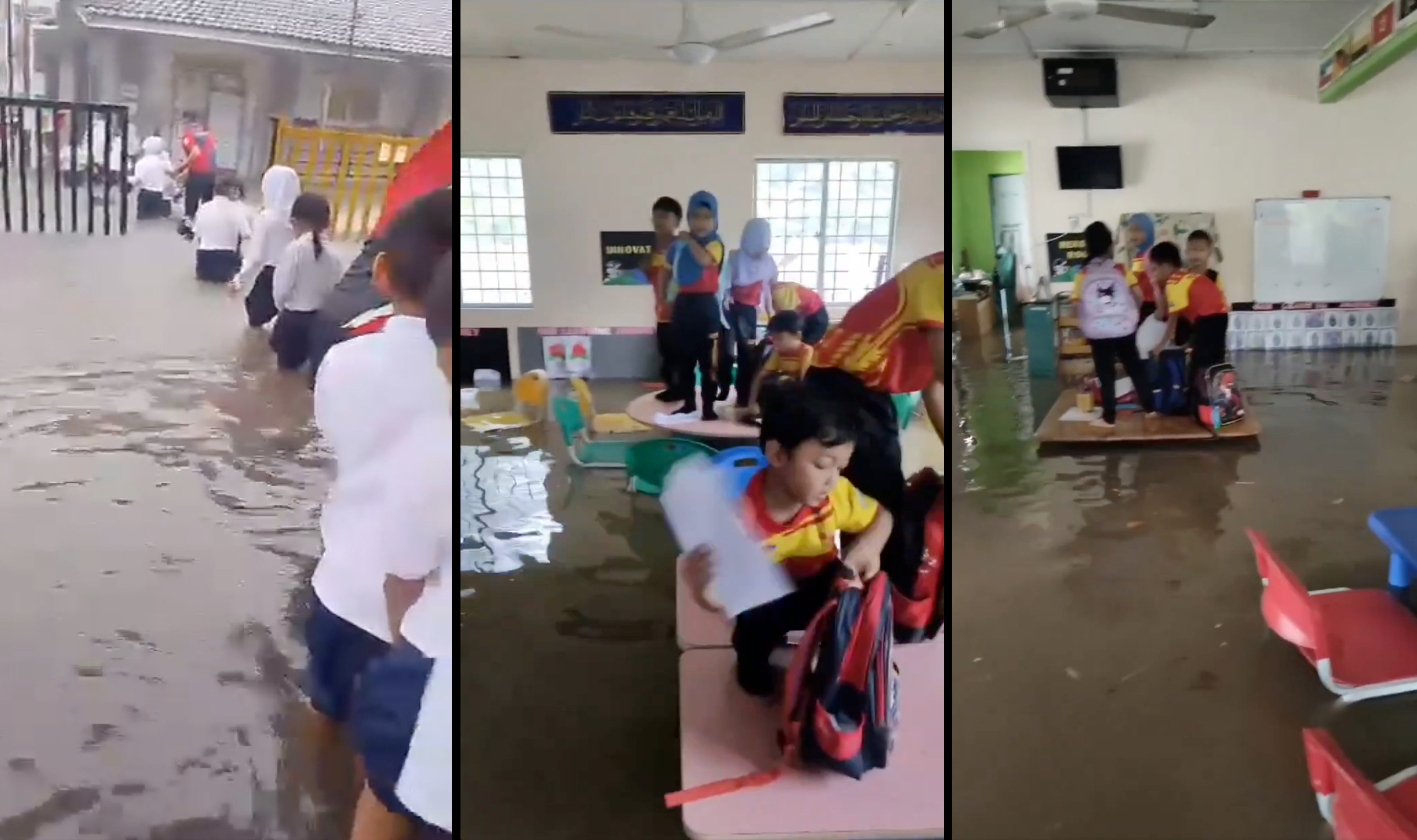 Students at schools in Selangor’s Lembah Keramat (left) and Taman Melawati (middle and right) fend for themselves to deal with flooding on October 15, 2024. Photo: X/NewsBFM, OwToTheZie