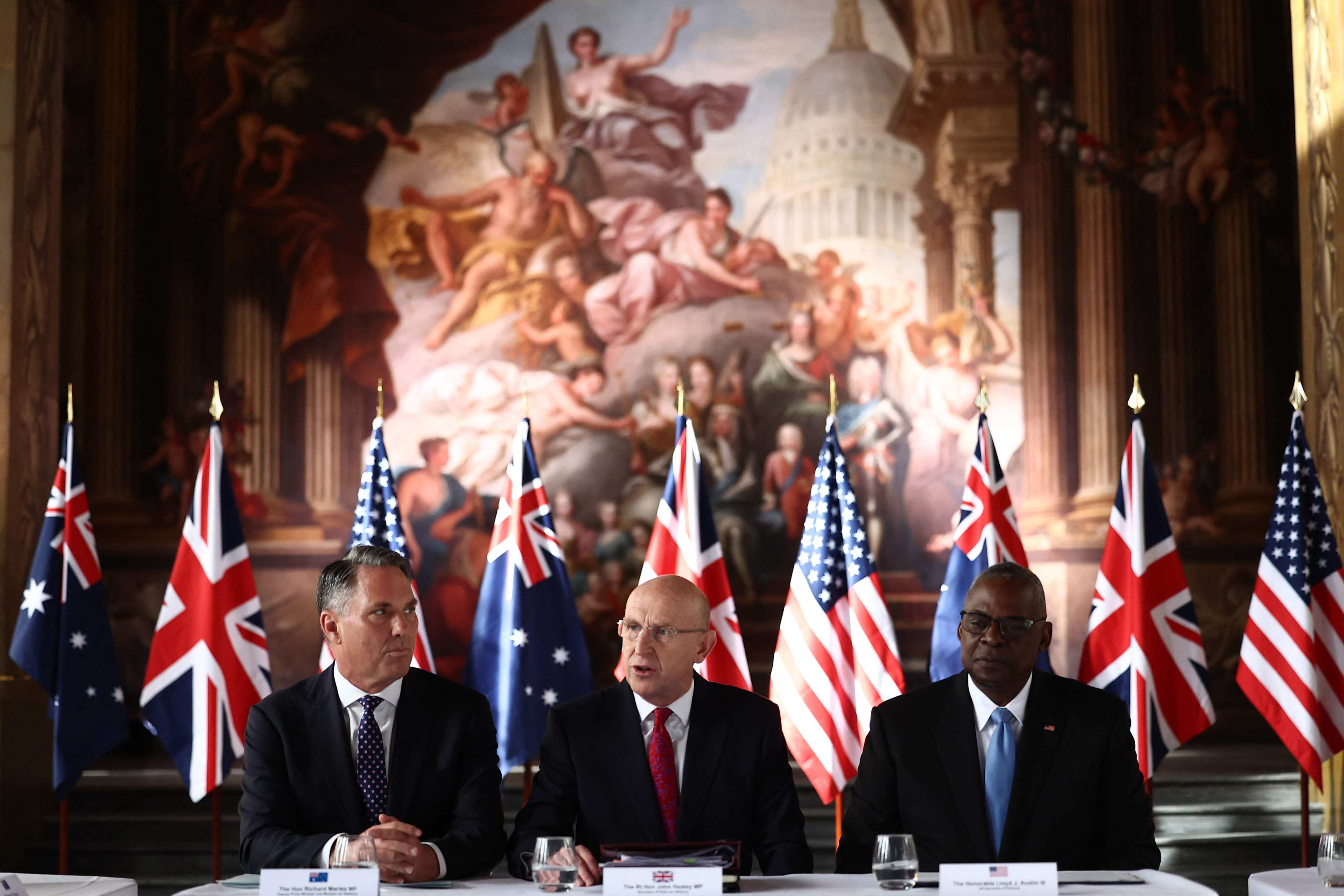 (From left) Australian Defence Minister Richard Marles, Britain’s Defence Secretary John Healey and US Defence Secretary Lloyd Austin at the Aukus defence ministerial meeting in London. Photo: AFP