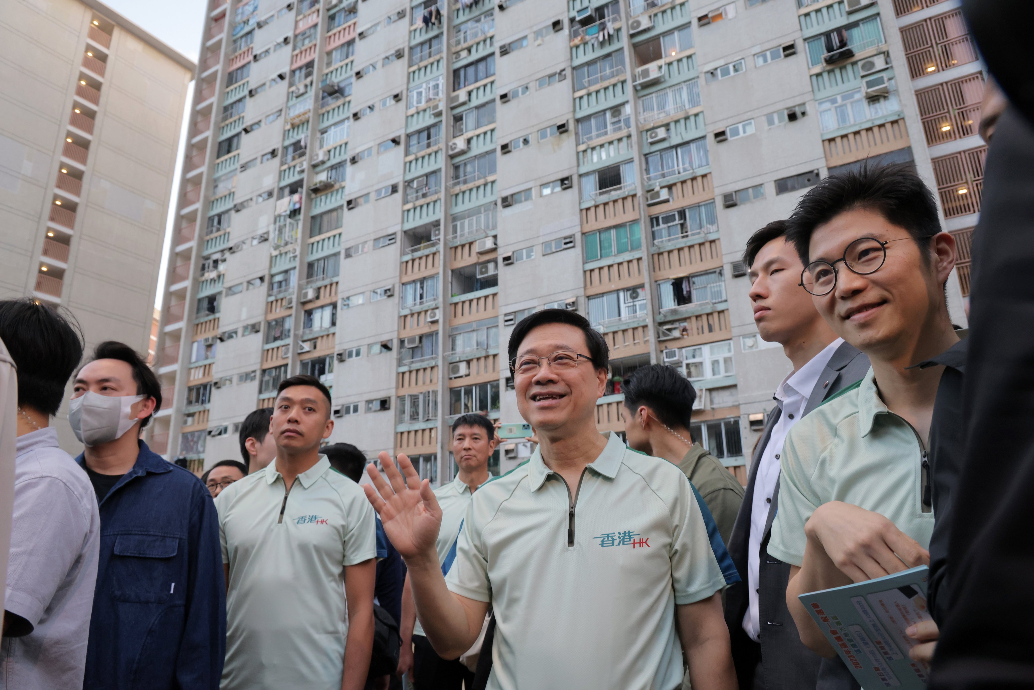 Chief Executive John Lee Ka-chiu visiting Shun Lee Estate in Kwun Tong on November 15, 2023. The public may feel that the policy address did not fully tackle the housing challenge, which remains a source of frustration for many. Photo: Jelly Tse