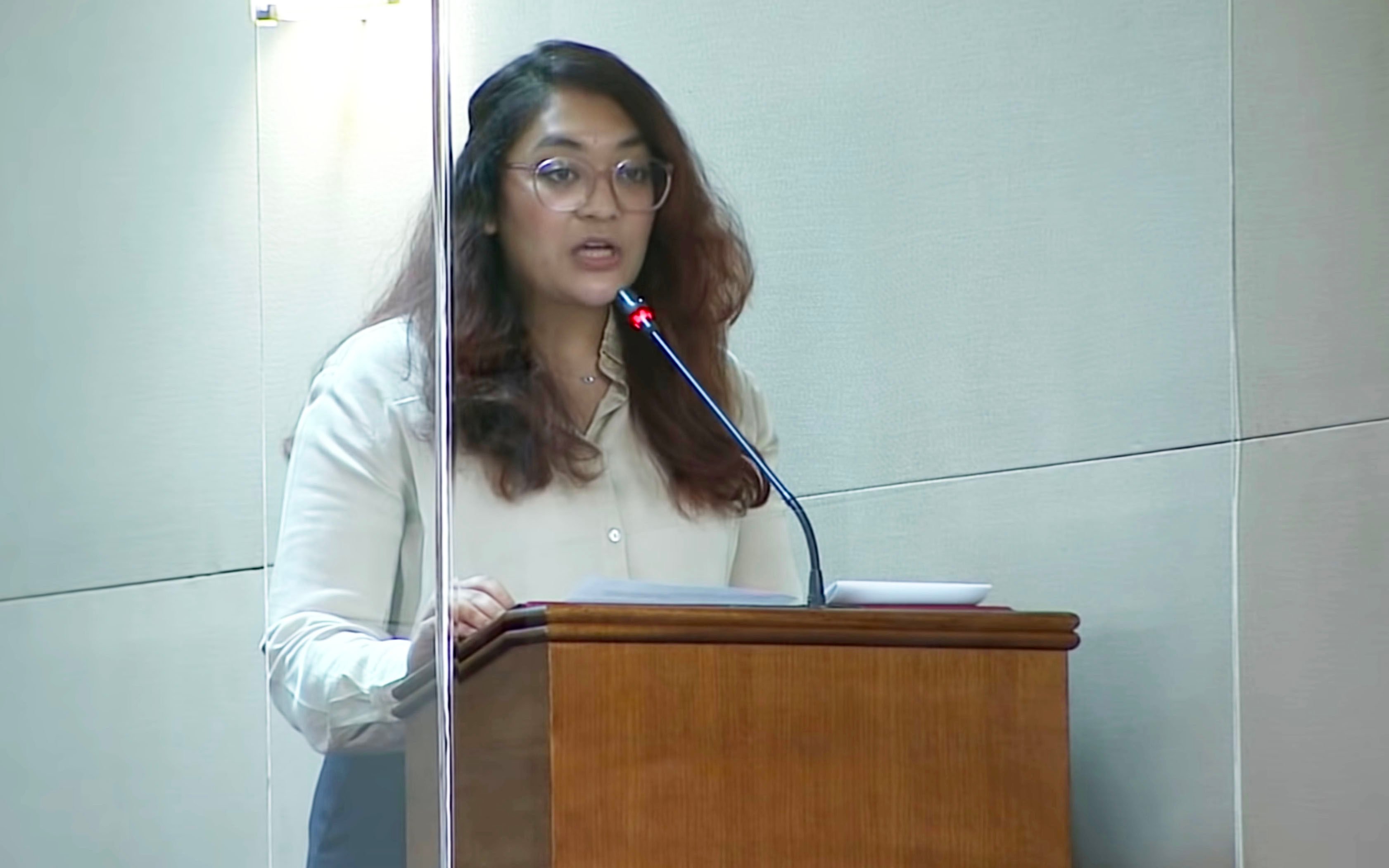 Then Workers’ Party MP Raeesah Khan speaking in Singapore’s parliament in 2021. Photo: YouTube/wpsgp