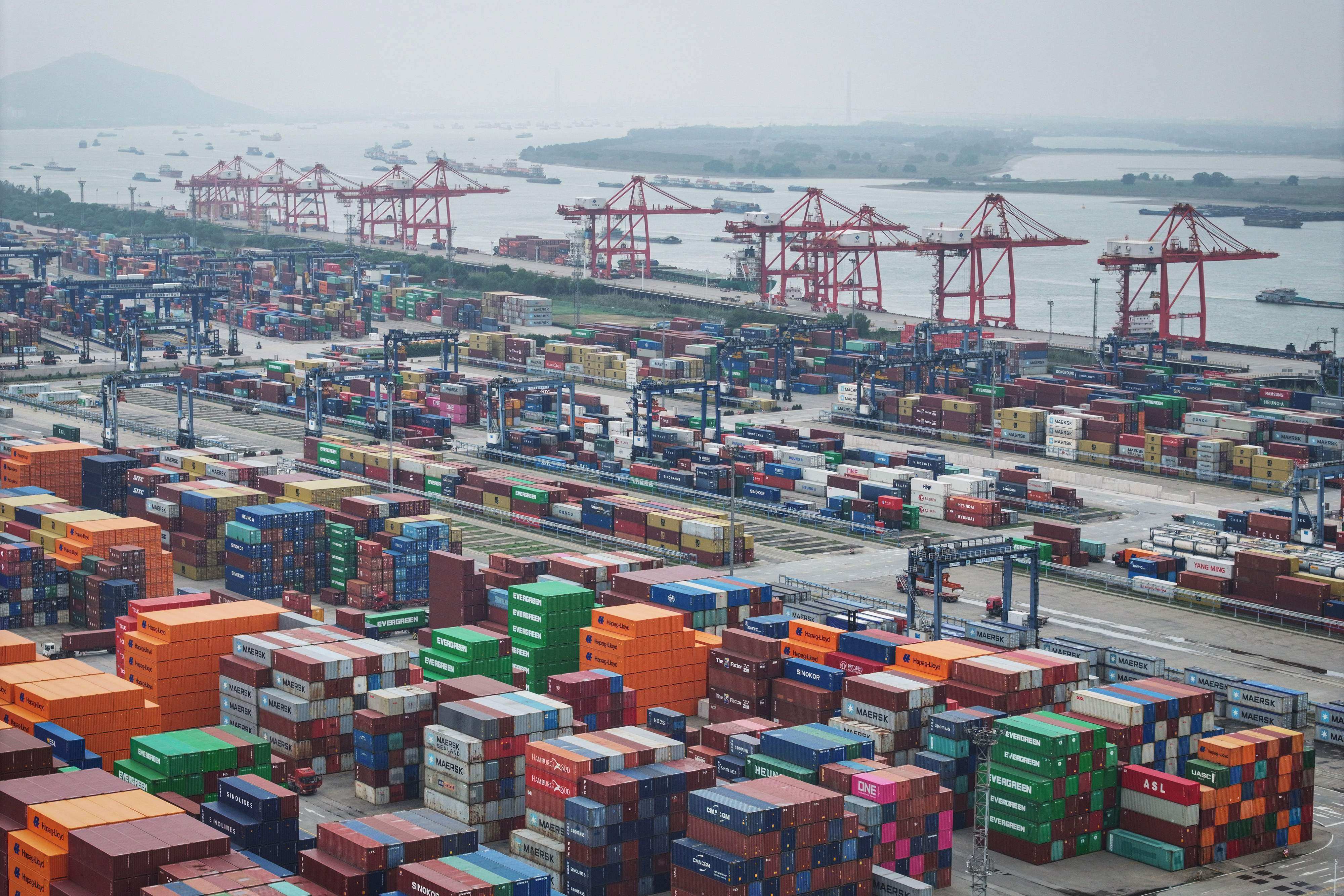 Shipping containers are seen at Nanjing port in Nanjing, in eastern China’s Jiangsu province on October 17, 2024. Photo: AFP