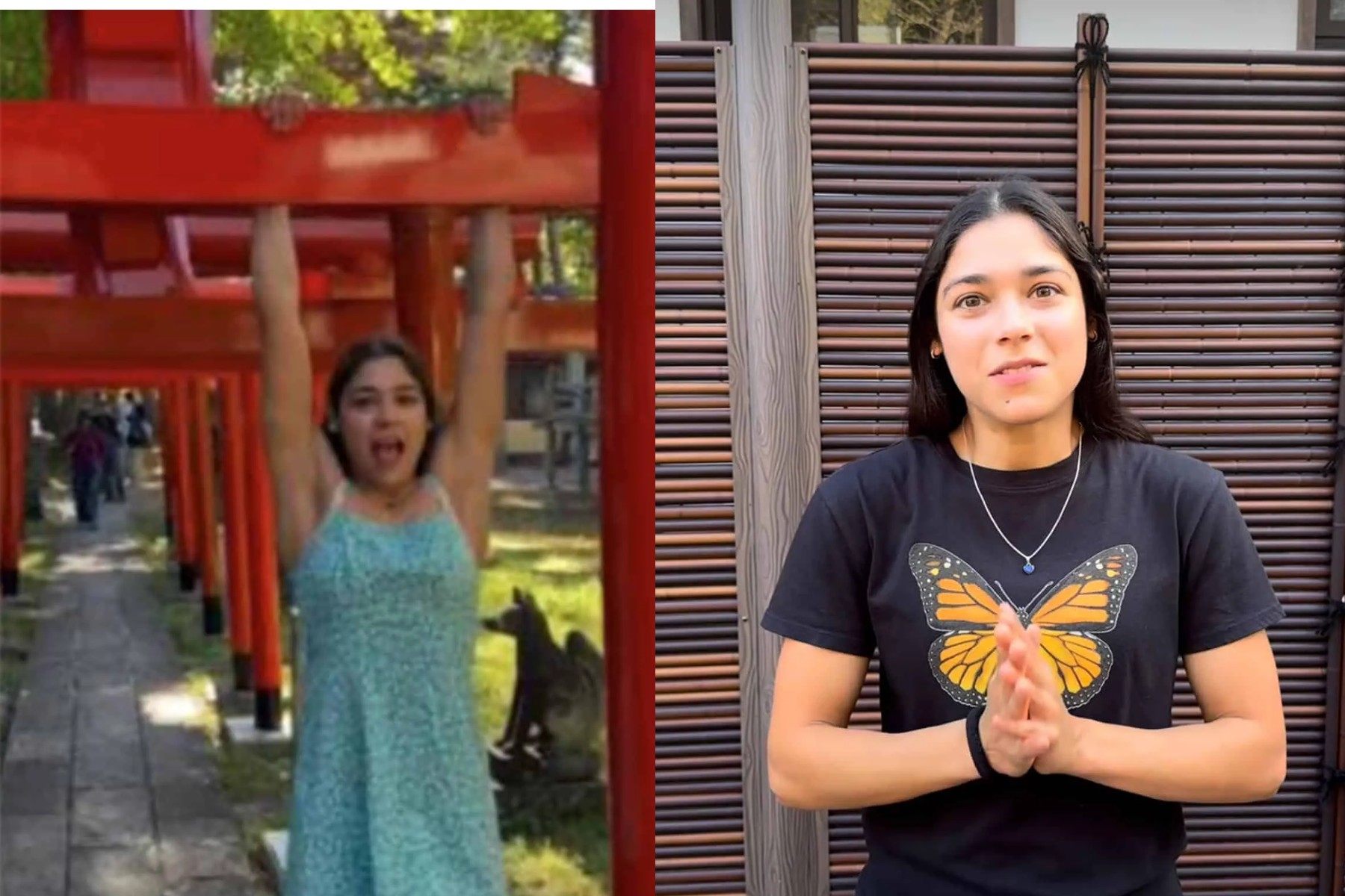 Left: A screenshot of the video posted by Marimar Perez showing her performing pull-ups on a torii gate outside a shrine in Hokkaido. Right: A screenshot of Perez apologizing to the Japanese for her actions. Photos: Instagram / mmgymsisters  