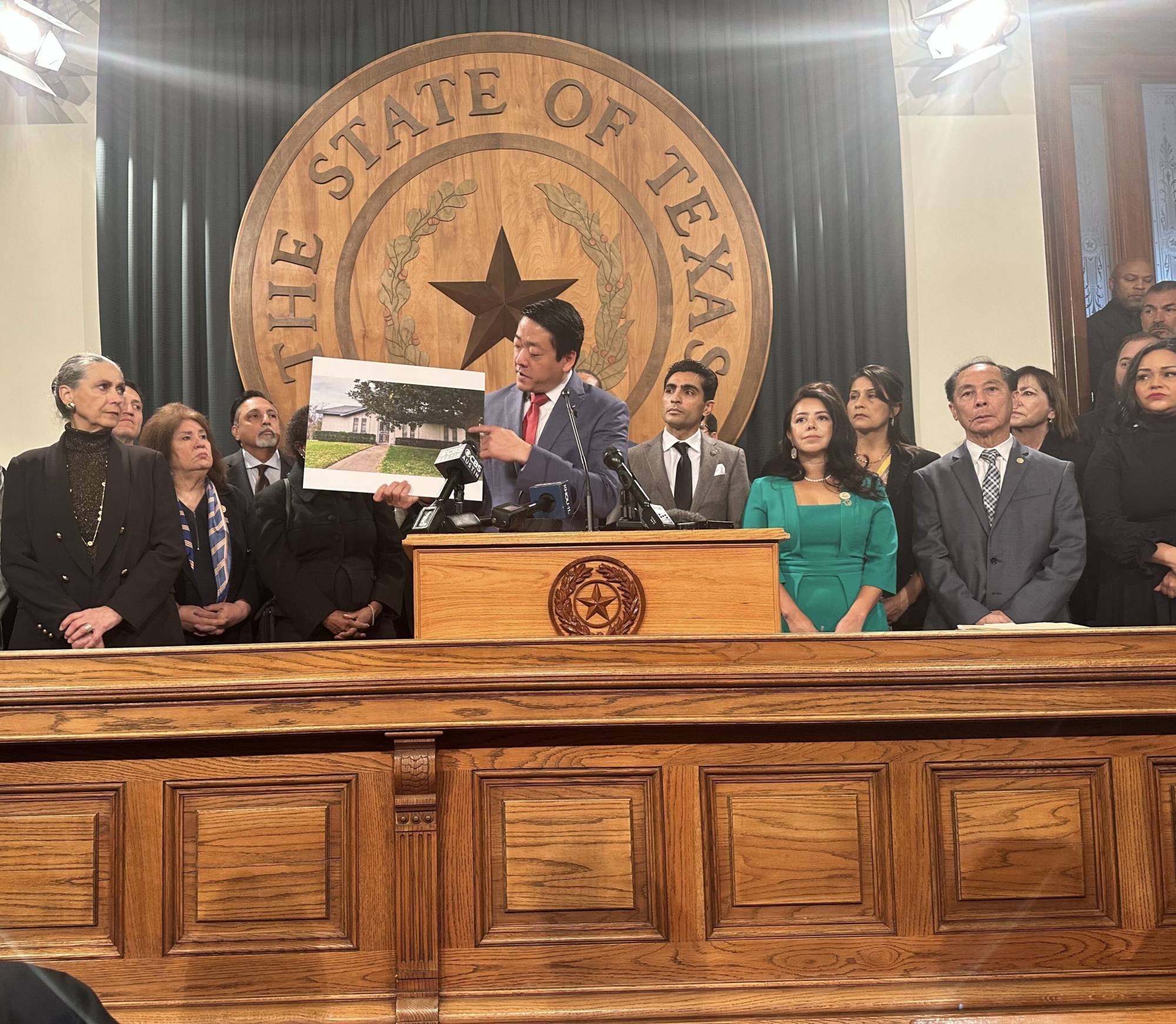 Texas State Representative Gene Wu, a Democrat, speaking at the Capitol in Austin in January 2023 to denounce a bill that would prohibit citizens from China and three other countries from buying land in the state. The measure did not become law. Photo: Dallas Morning News/Tribune News Service