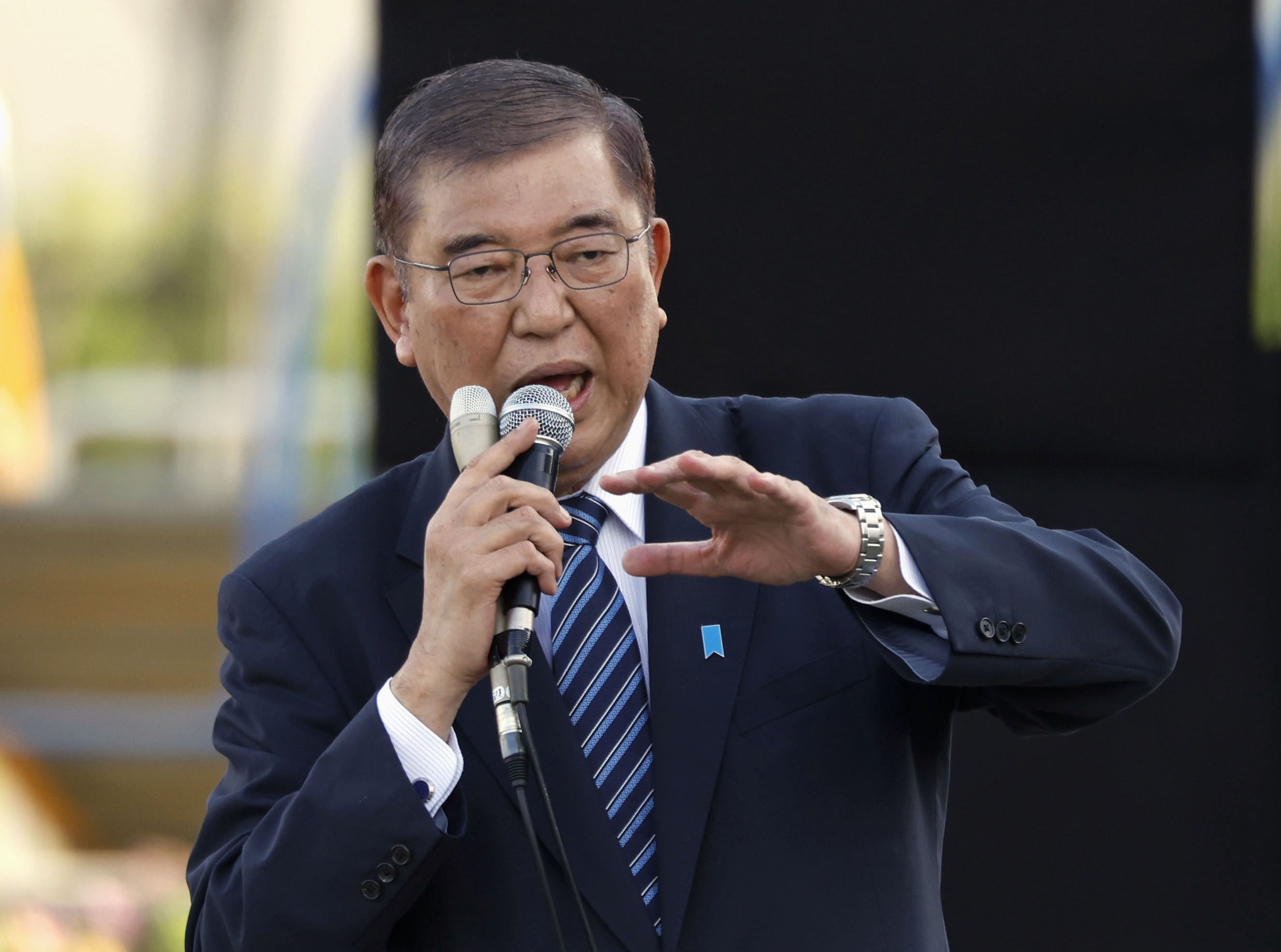 Japanese Prime Minister Shigeru Ishiba makes a stump speech on Thursday ahead of the October 27 general election. Photo: Kyodo