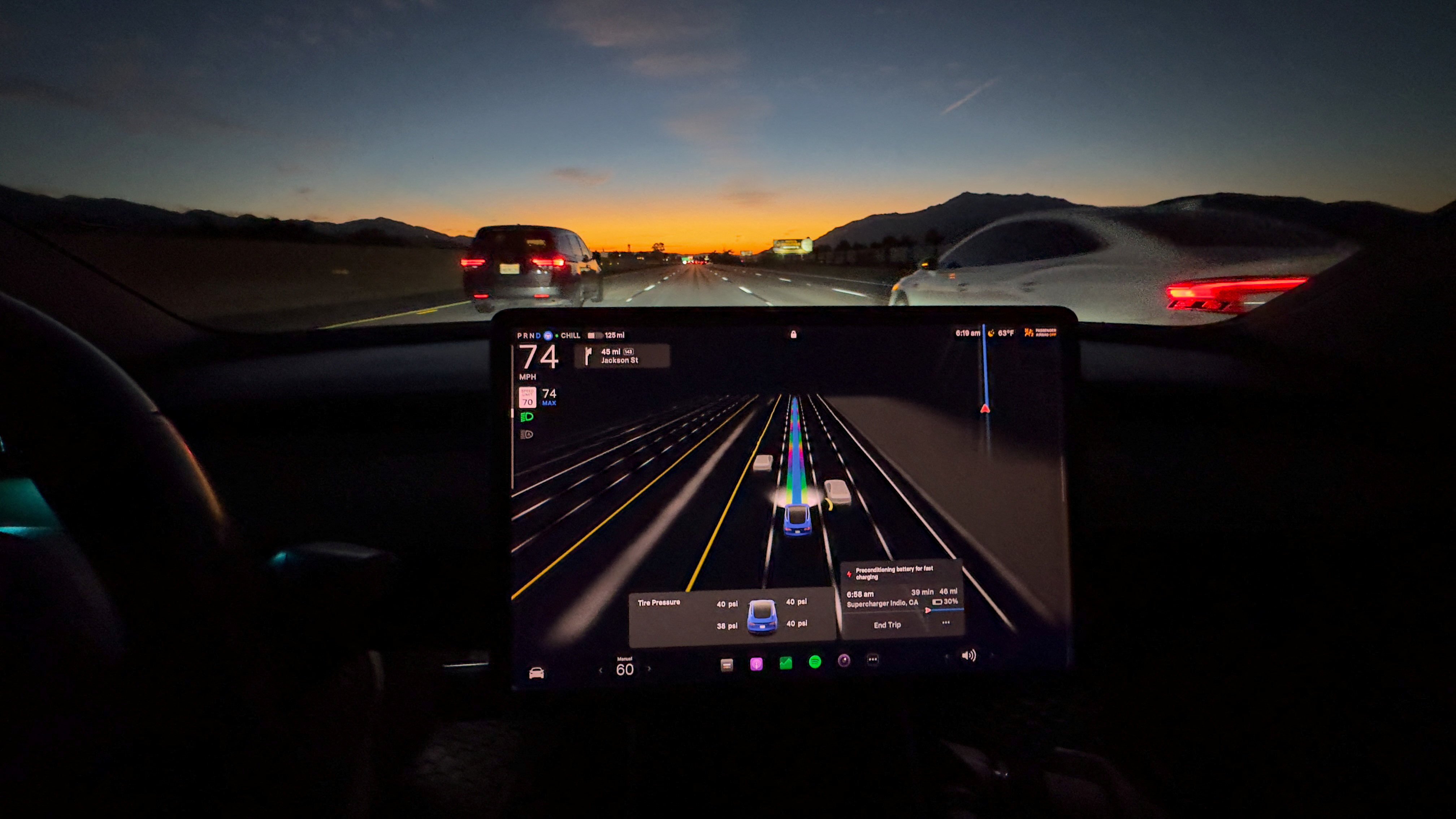 A Tesla Model 3 using the full self-driving autopilot feature on a highway in California on October 12. Photo: Reuters