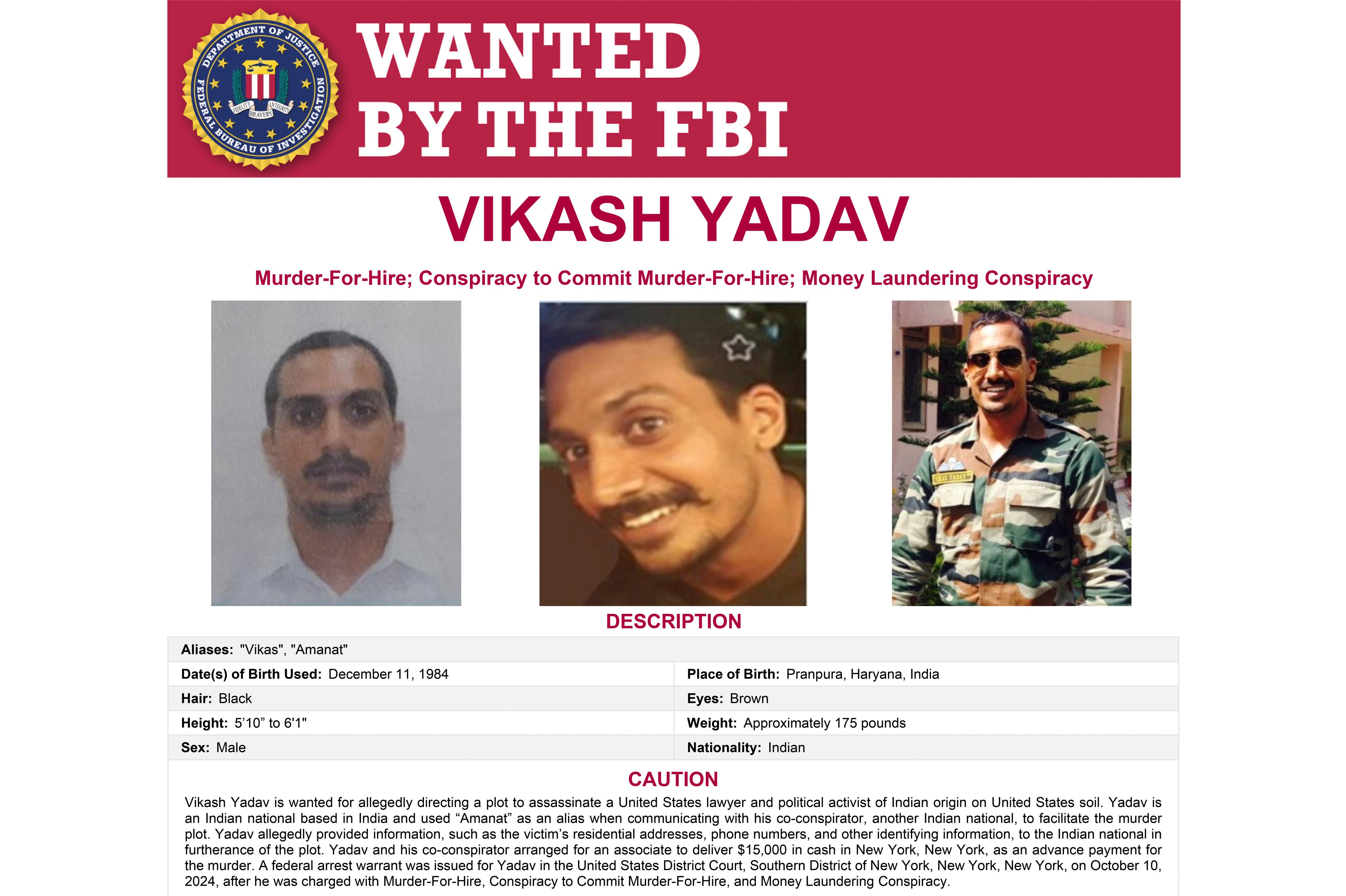 A wanted poster shows Vikash Yadav, a former Indian government employee, wanted on criminal charges in connection with a foiled plot to kill a US citizen in New York City. Image: FBI via AP