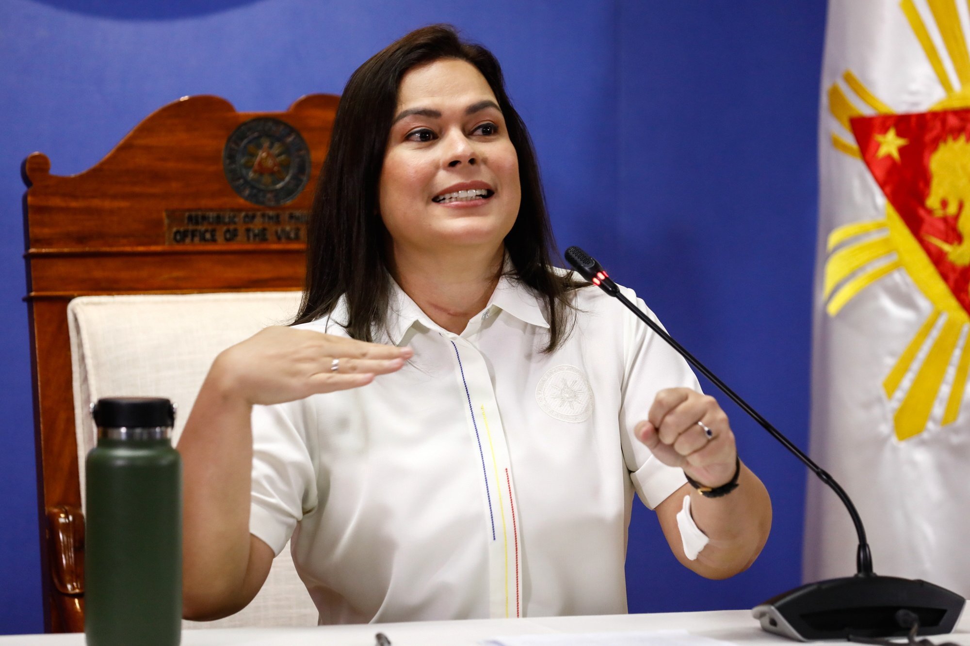 Philippine Vice-President Sara Duterte gestures during a press conference at her office in Metro Manila, on Friday. Photo: EPA-EFE