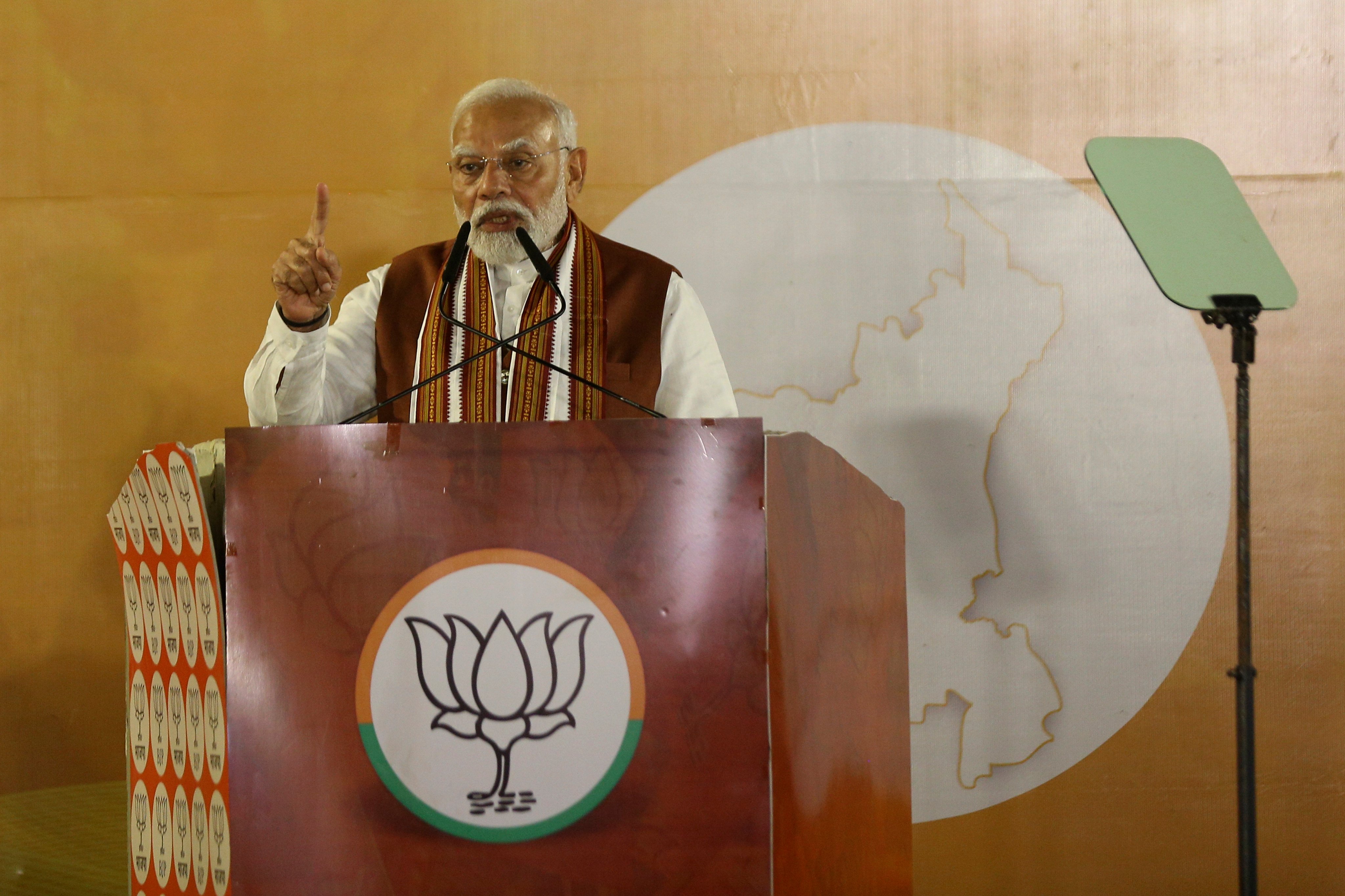 Indian Prime Minister Narendra Modi speaks during celebrations following the election results of northern state of Haryana, at Bharatiya Janata Party (BJP) headquarters in New Delhi, India, on October 8. Photo: AP 