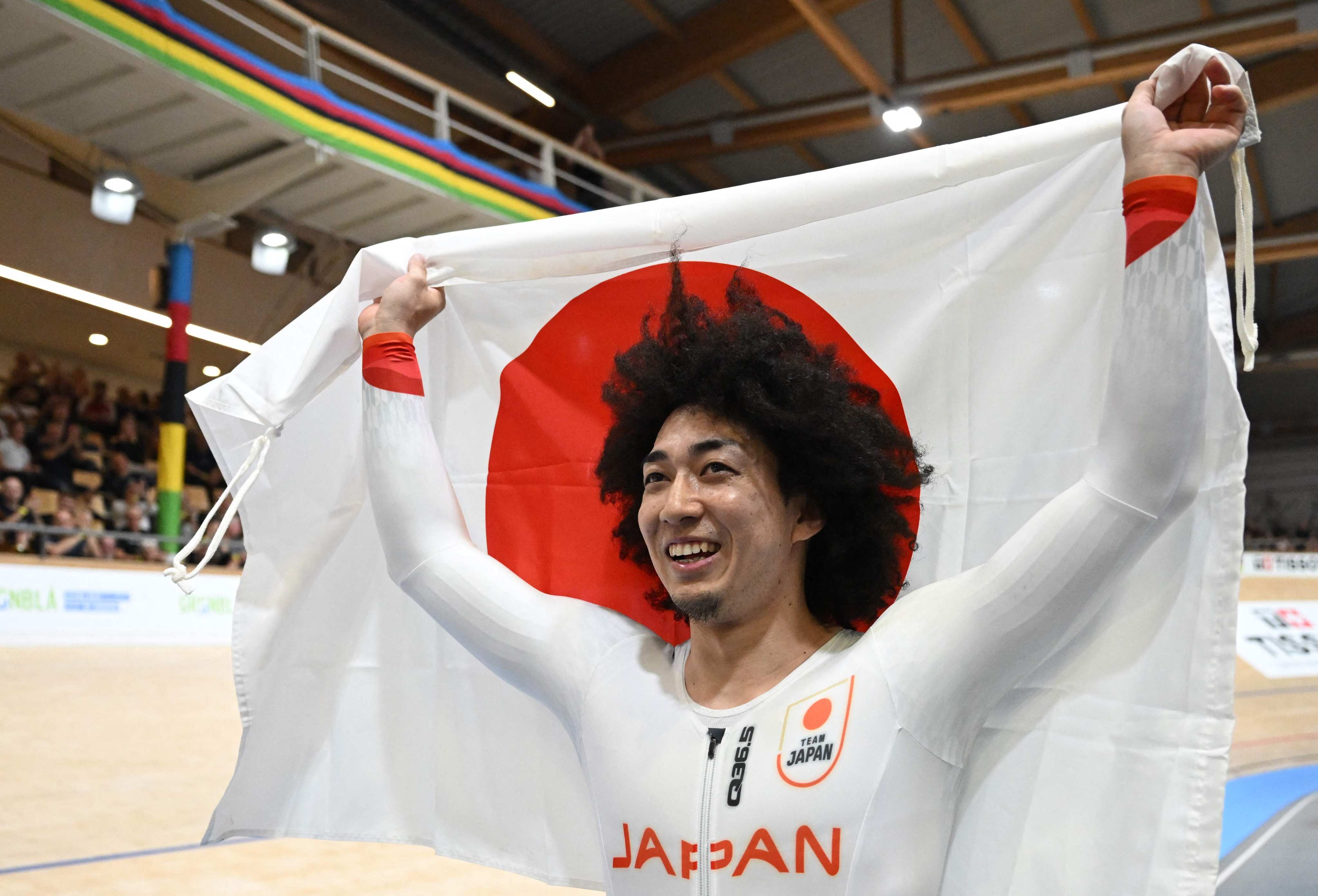 Japan’s Kento Yamasaki celebrates after winning gold at the UCI Track Cycling World Championships. Photo: AFP