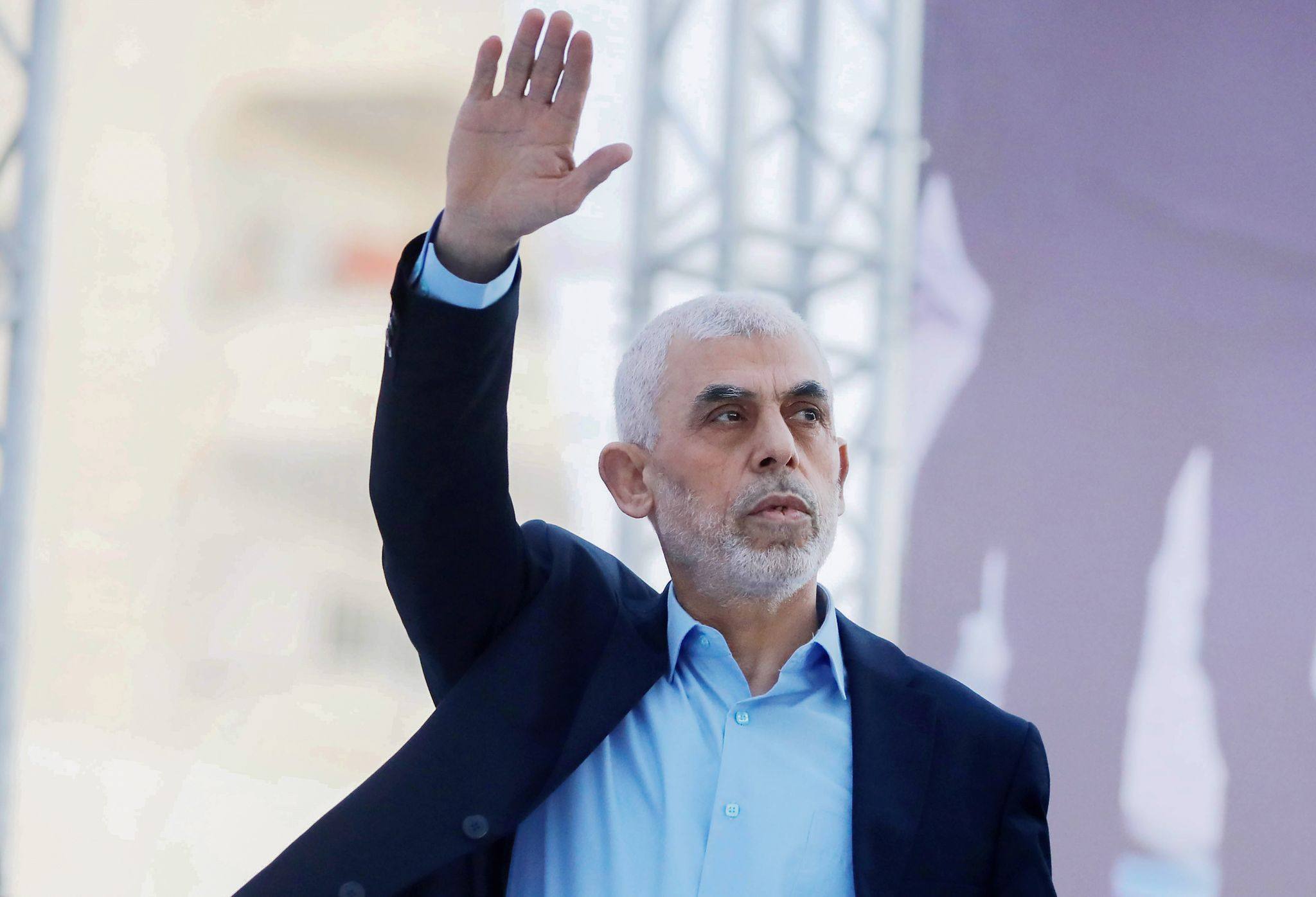 Hamas leader Yahya Sinwar waves to the crowd during the celebration of International Quds Day in Gaza City in April 2023. Photo: TNS