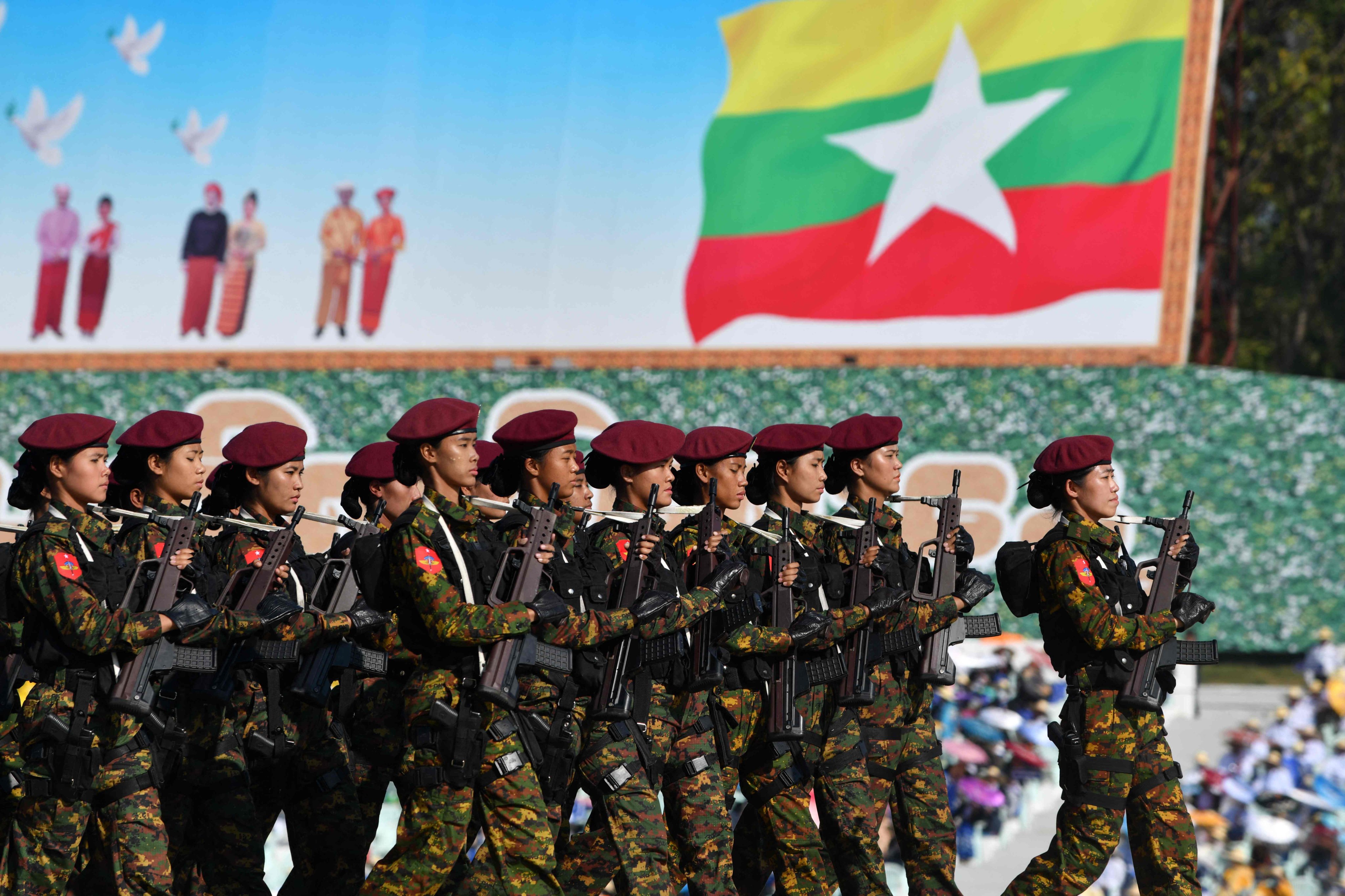 Members of the Myanmar military march at a parade in Naypyidaw to mark the country’s Independence Day last year. Photo: AFP