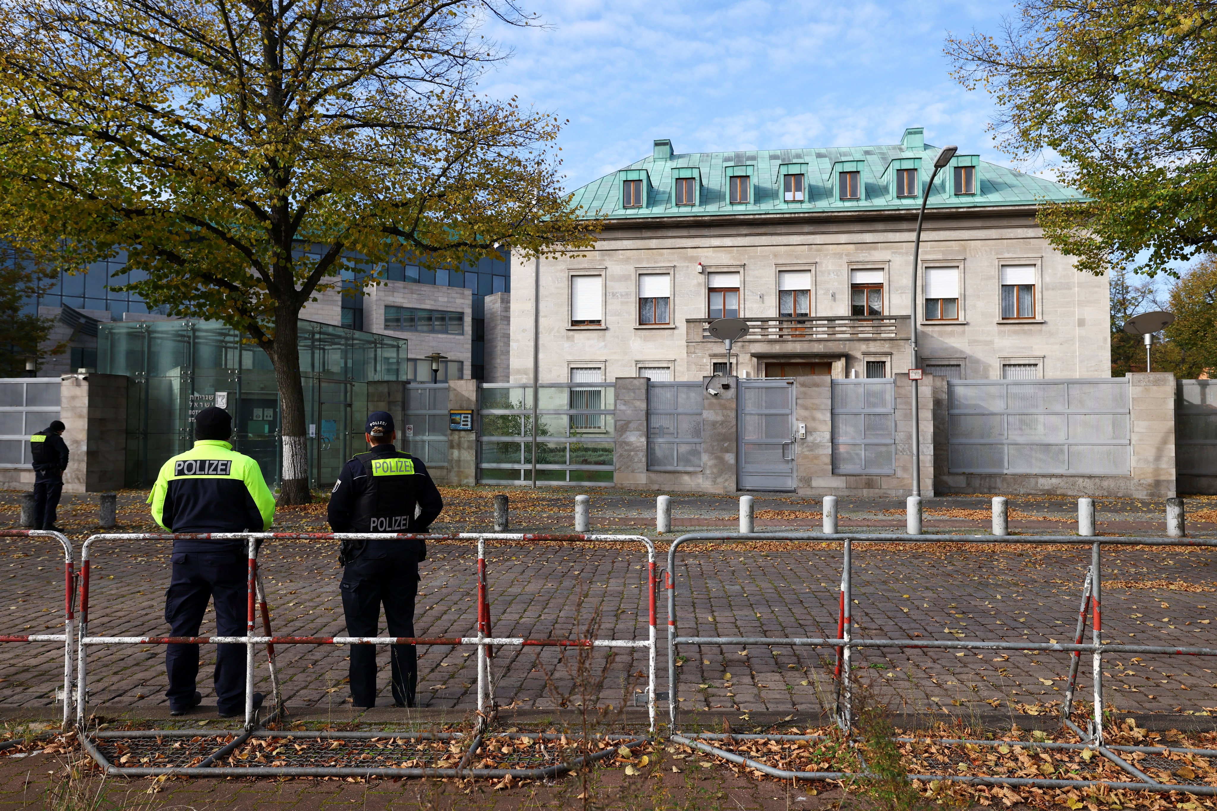 Police secure the area near Israel’s embassy in Berlin, Germany, on Sunday. Photo: Reuters